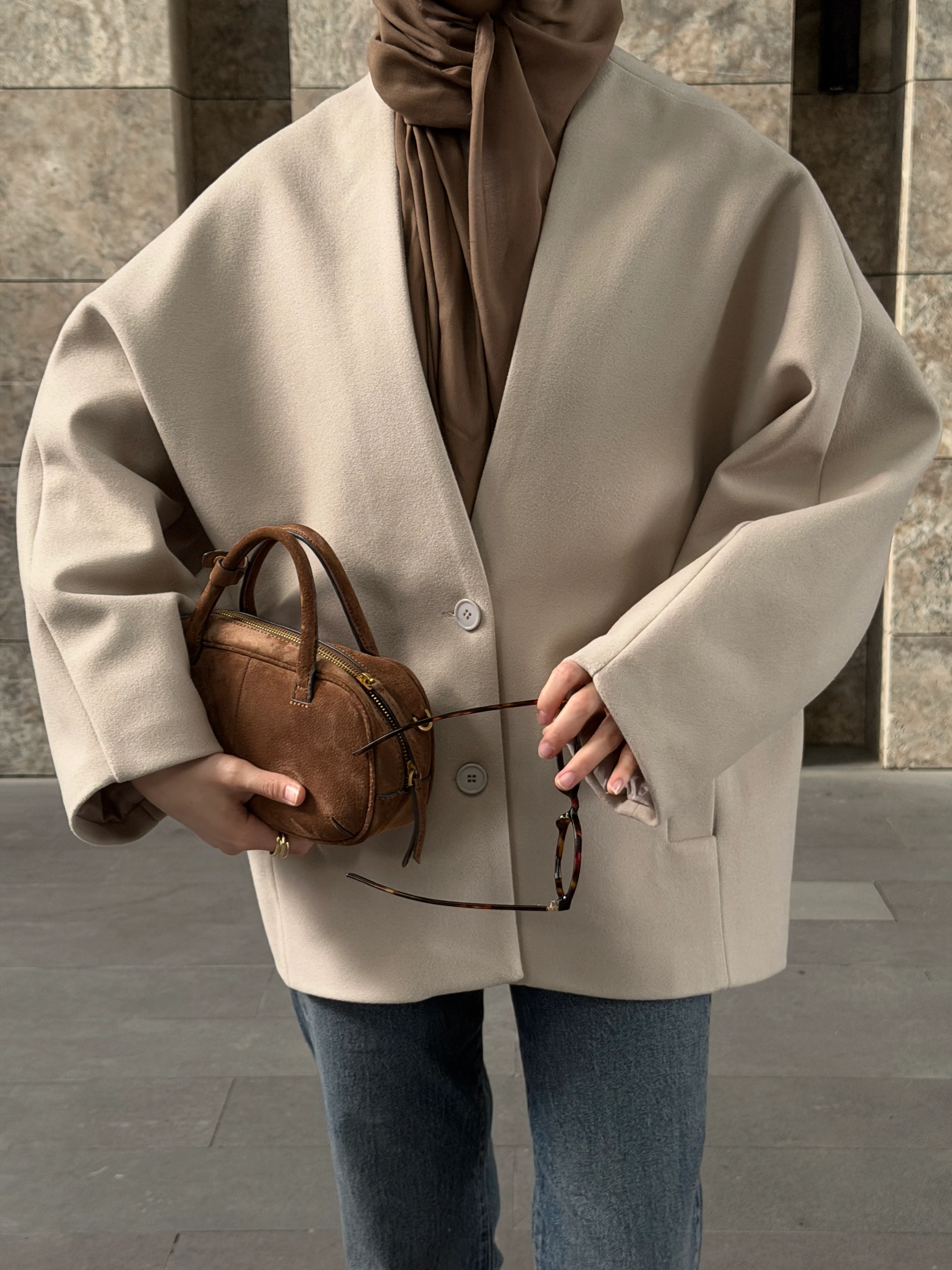 Soft Oversize Kaşe Kaban Taş