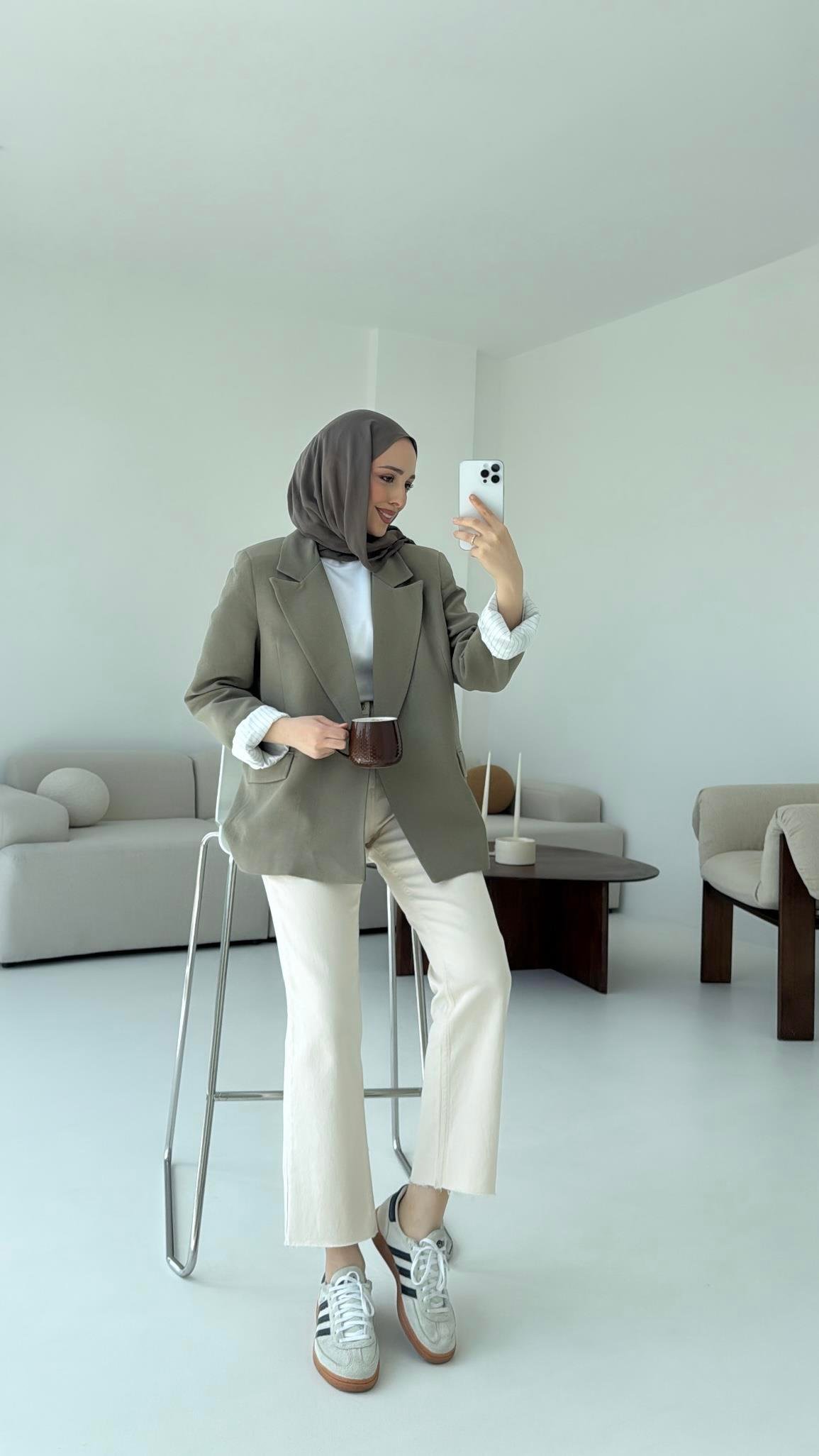 Keten Kolu Katlamalı Haki Blazer Ceket