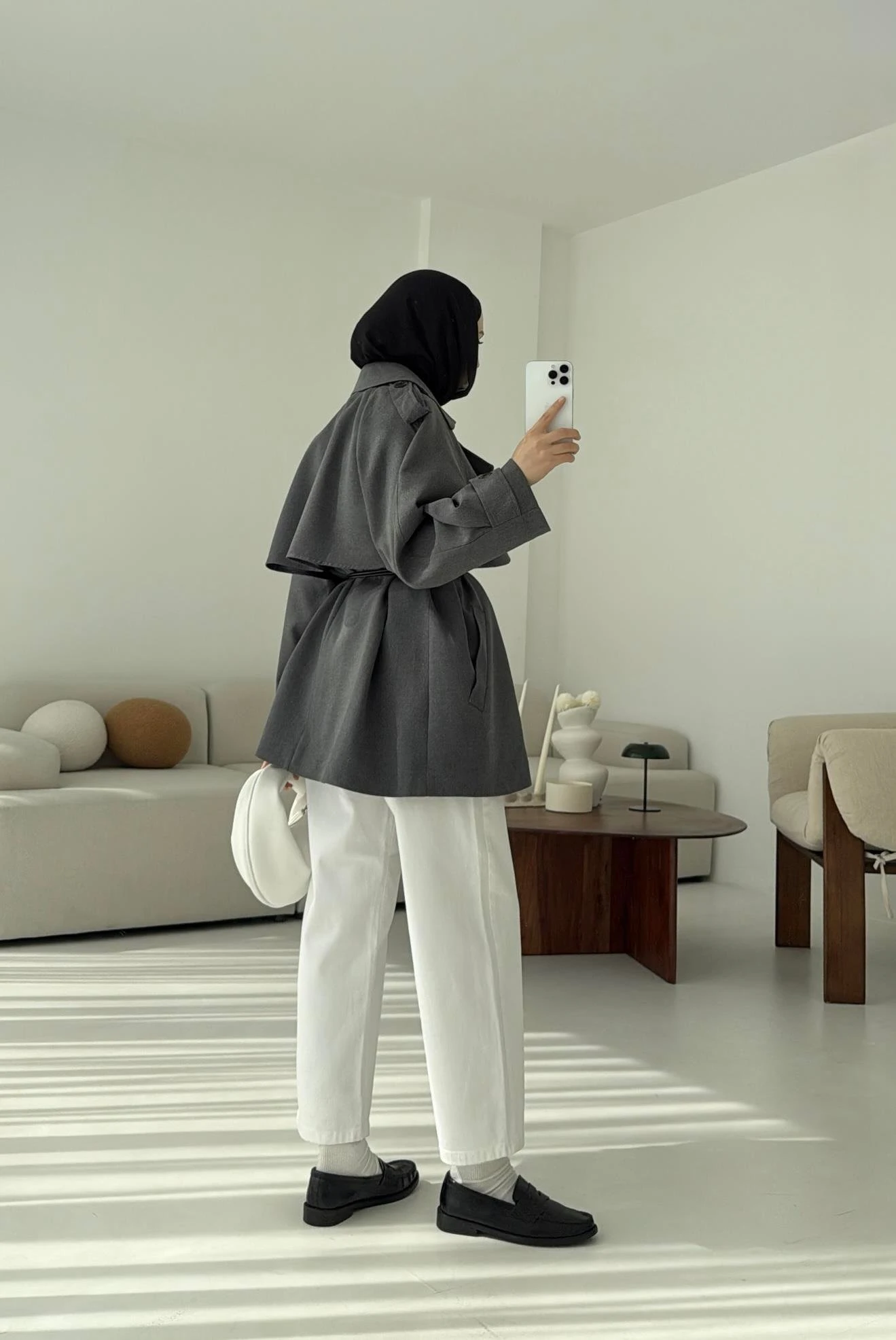 Deri Kemerli Trençkot Gri