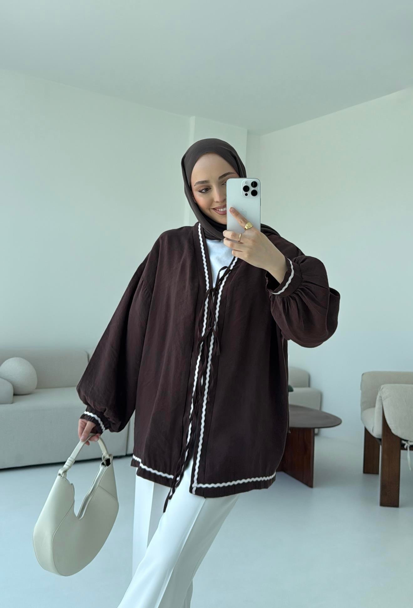 Bağlamalı Dantel Detay Kimono Kahve