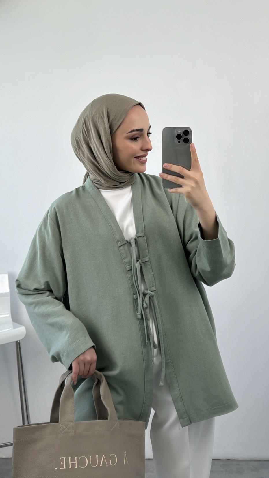 Önden Bağlamlı Keten Kimono Mint