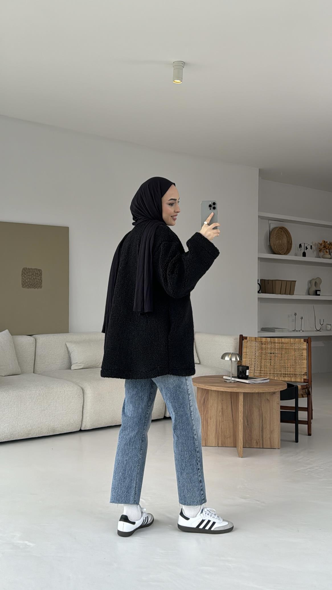 Teddy Bağlamalı Ceket Siyah