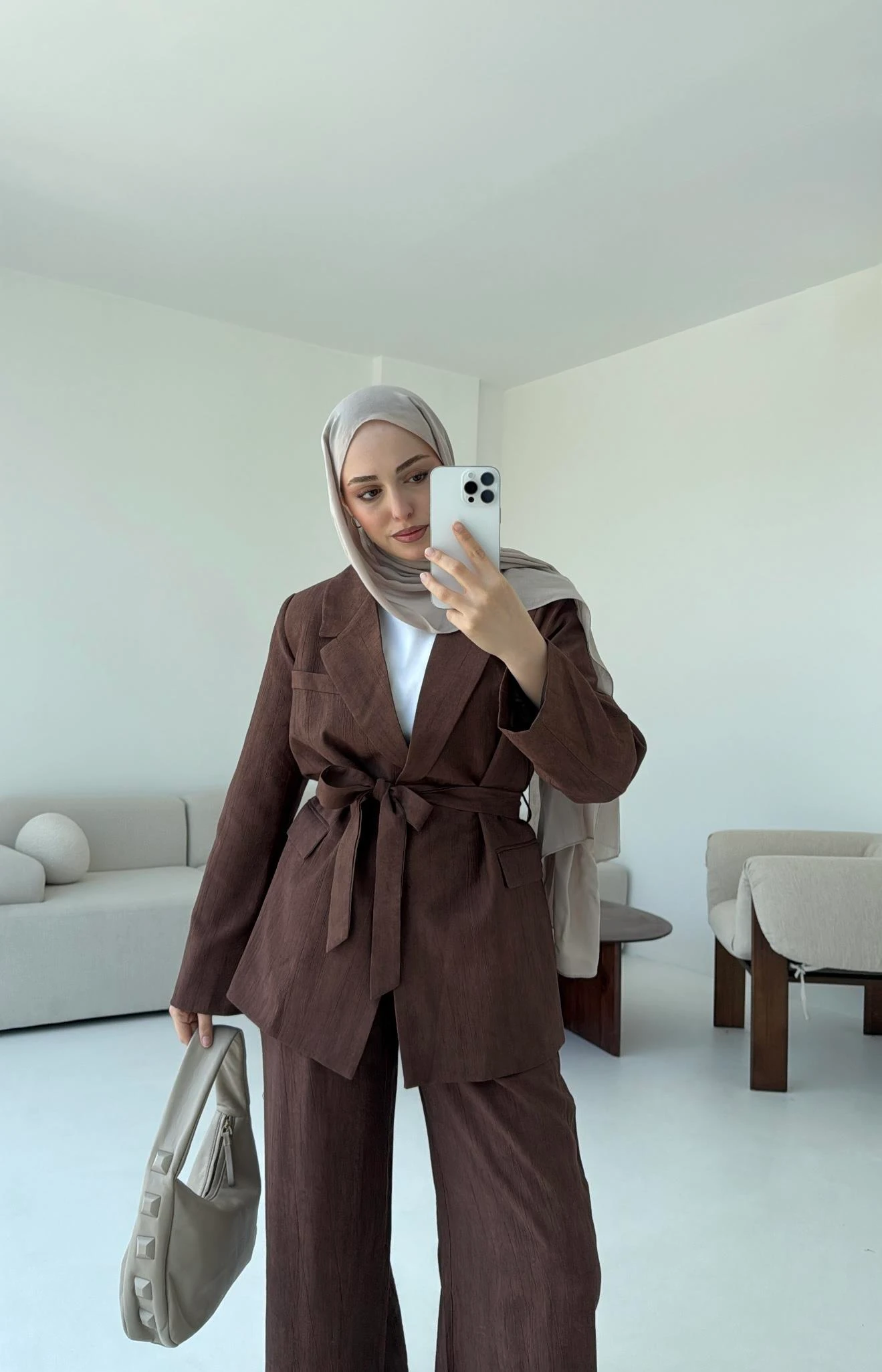 Kemerli Ceket Beli Lastikli Pantolon Takım  Kahve