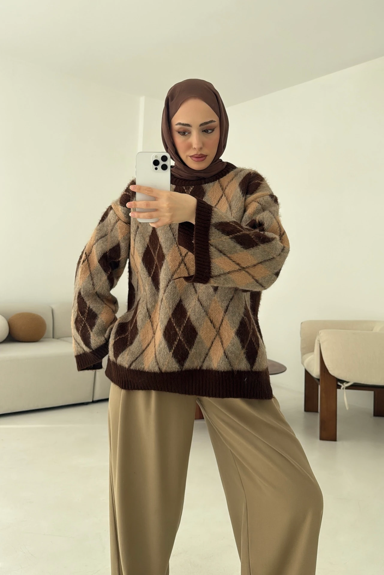 Kolu Yırtmaç Detay Tasarım Kazak Kahve