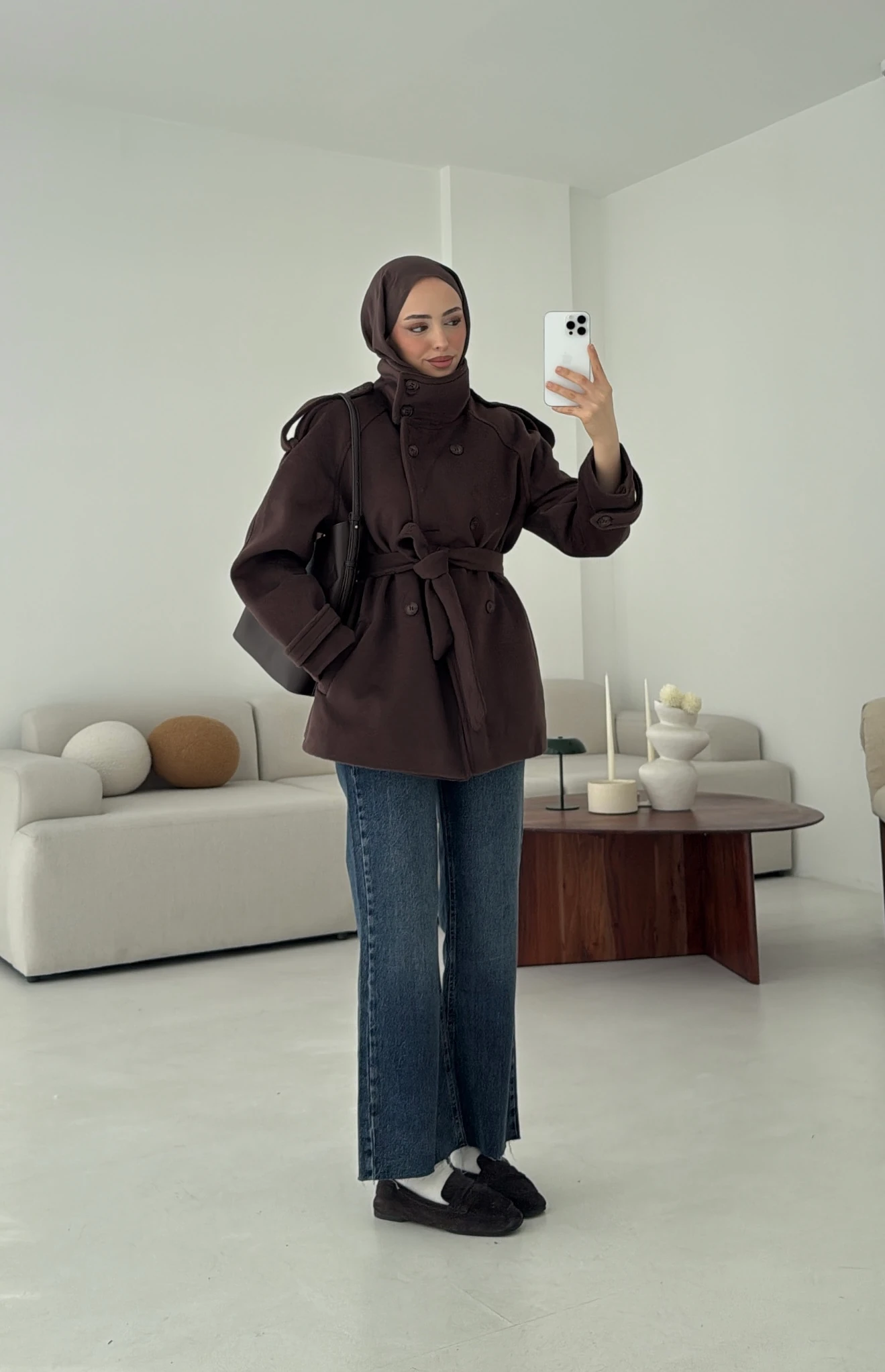 Kuşaklı Oversize Kaşe Kaban Kahve