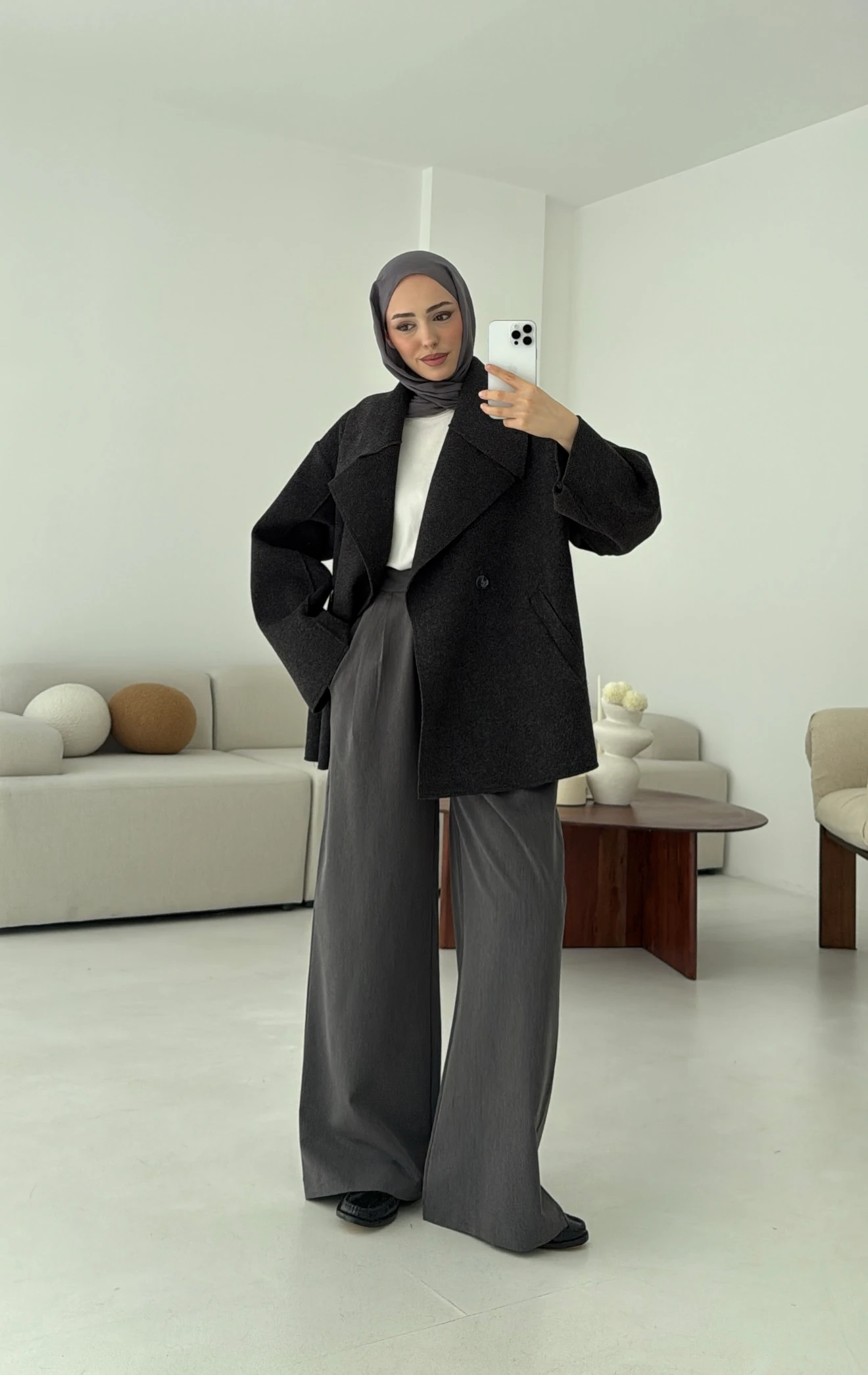 Yumuşak Şal Yaka Kaban Antrasit