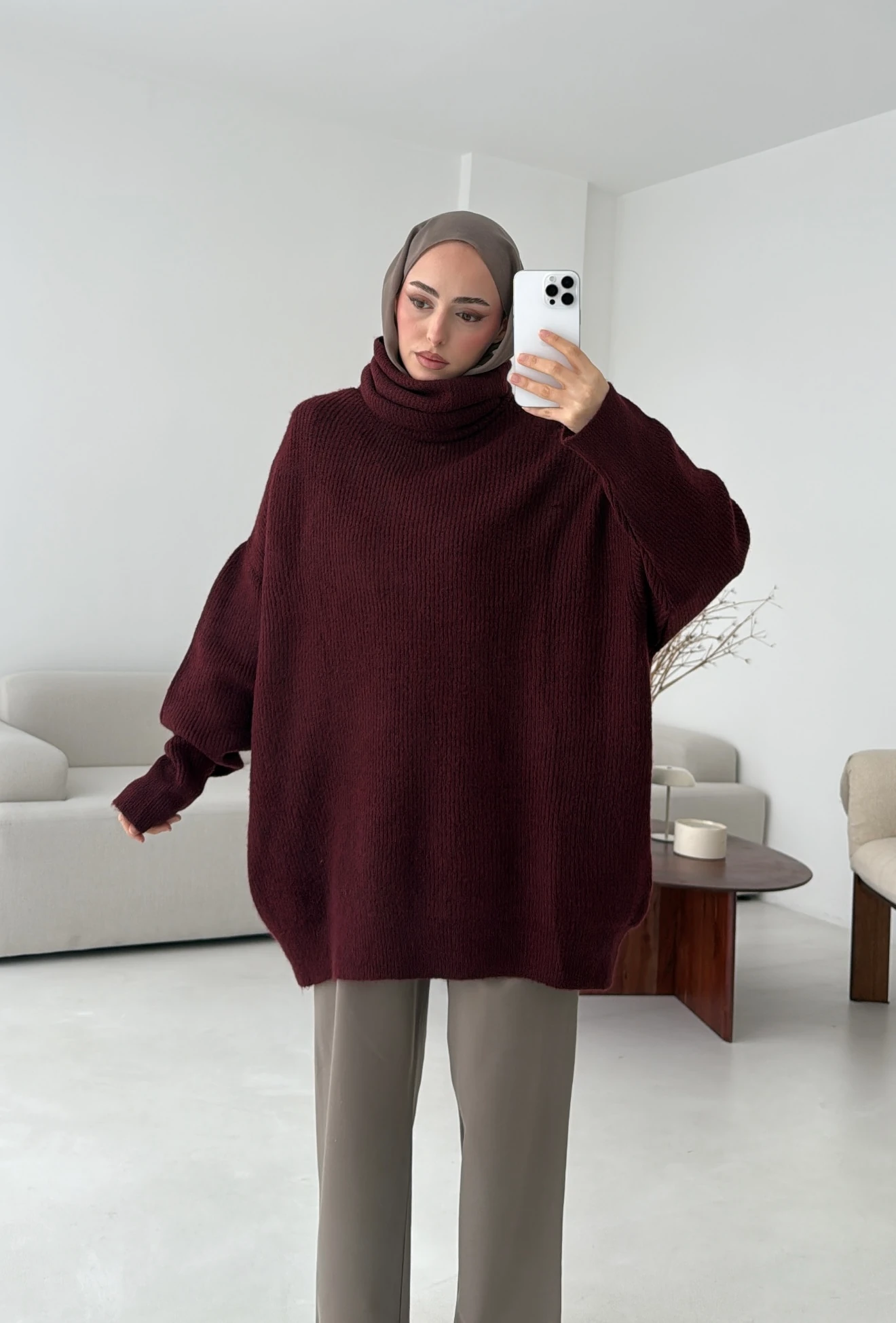 Balıkçı Yaka Oversizse Triko Kazak Bordo