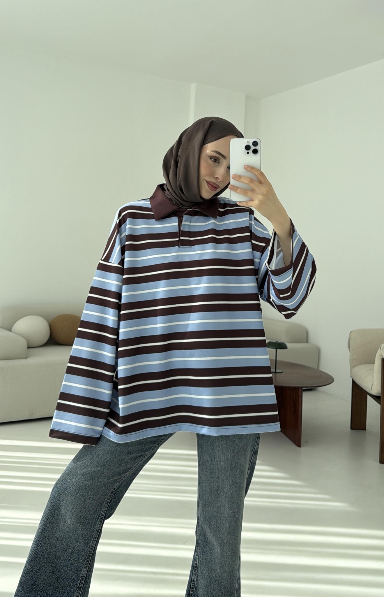 Mavi Çizgili Polo Yaka Sweatshrt