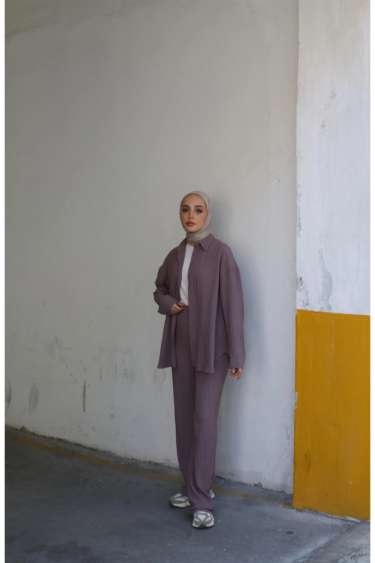 Gofre Gömlek Pantolon Takım Gül Kurusu