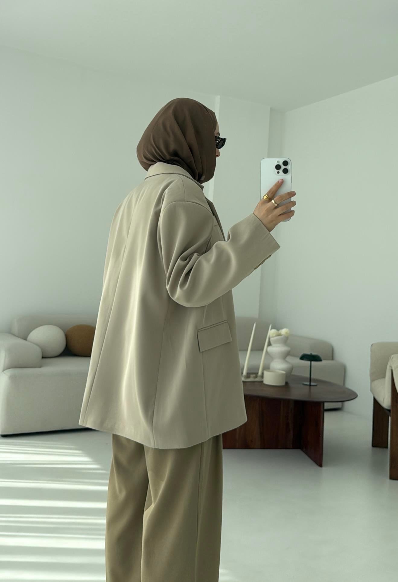 Çift Dügmeli Oversize Blazer Ceket Taş