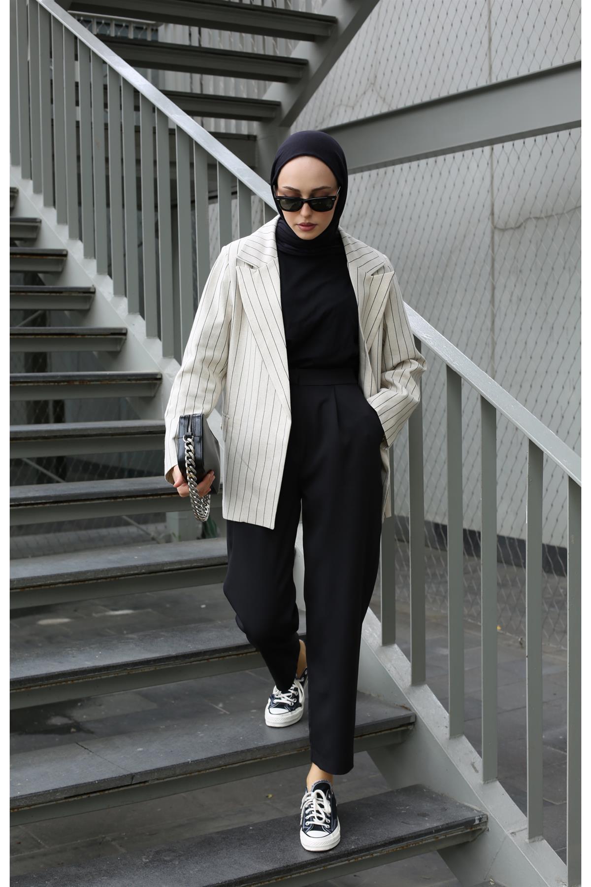 Çizgili Keten Blazer Ceket