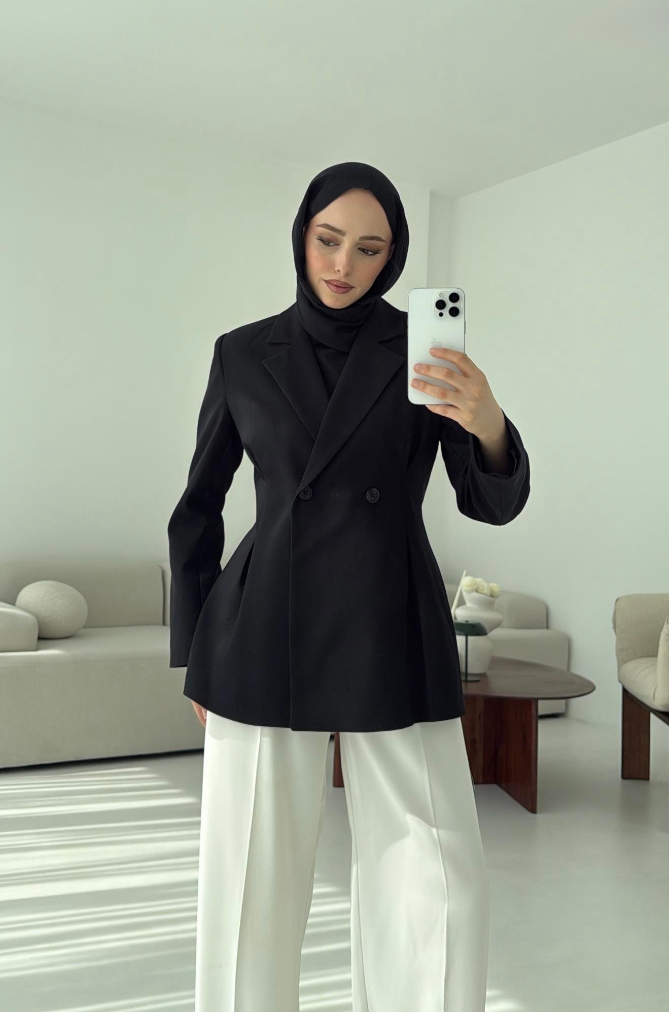 Pile Detay Blazer Ceket Siyah