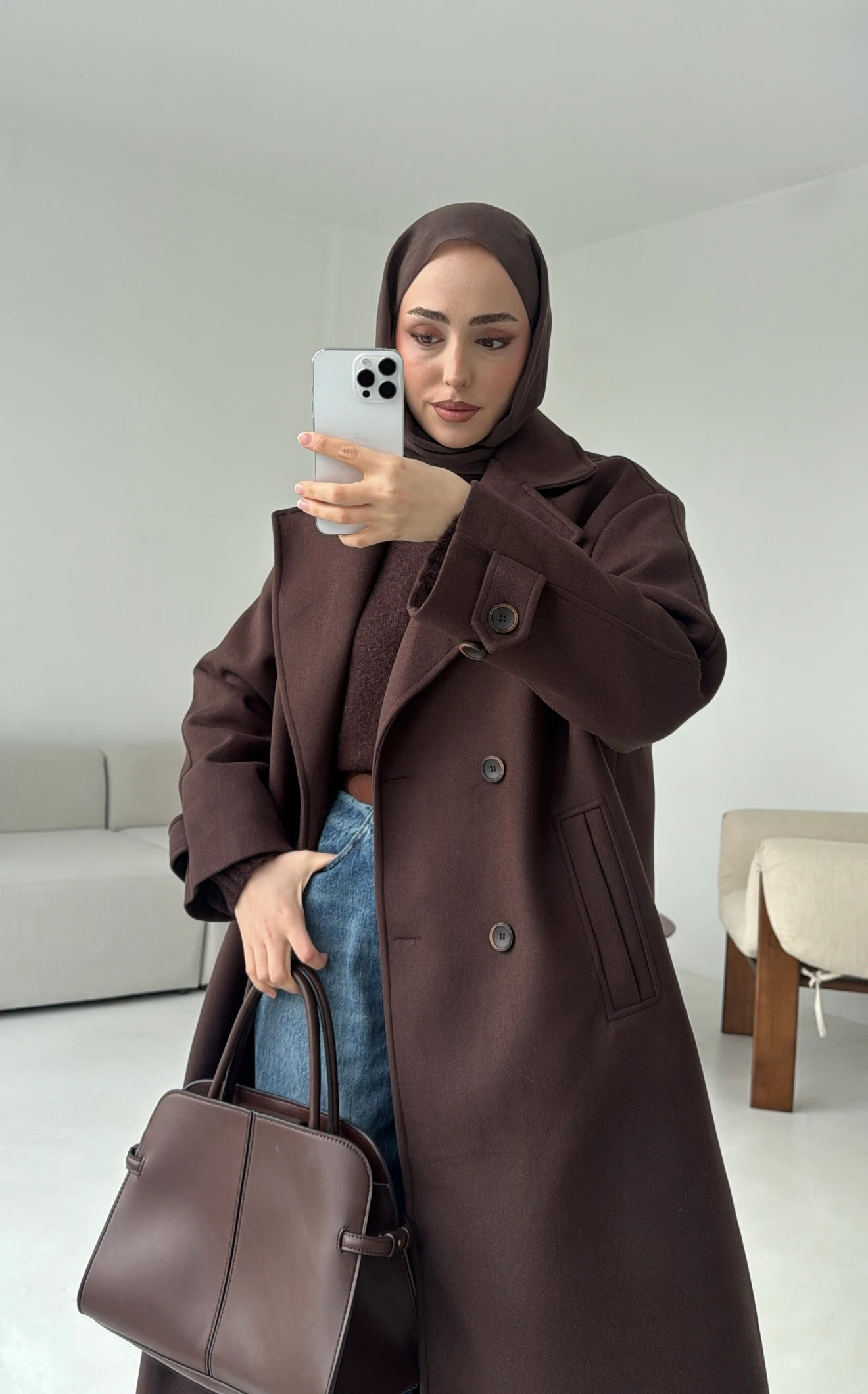 Çift Düğmeli Uzun Kaban Kahve