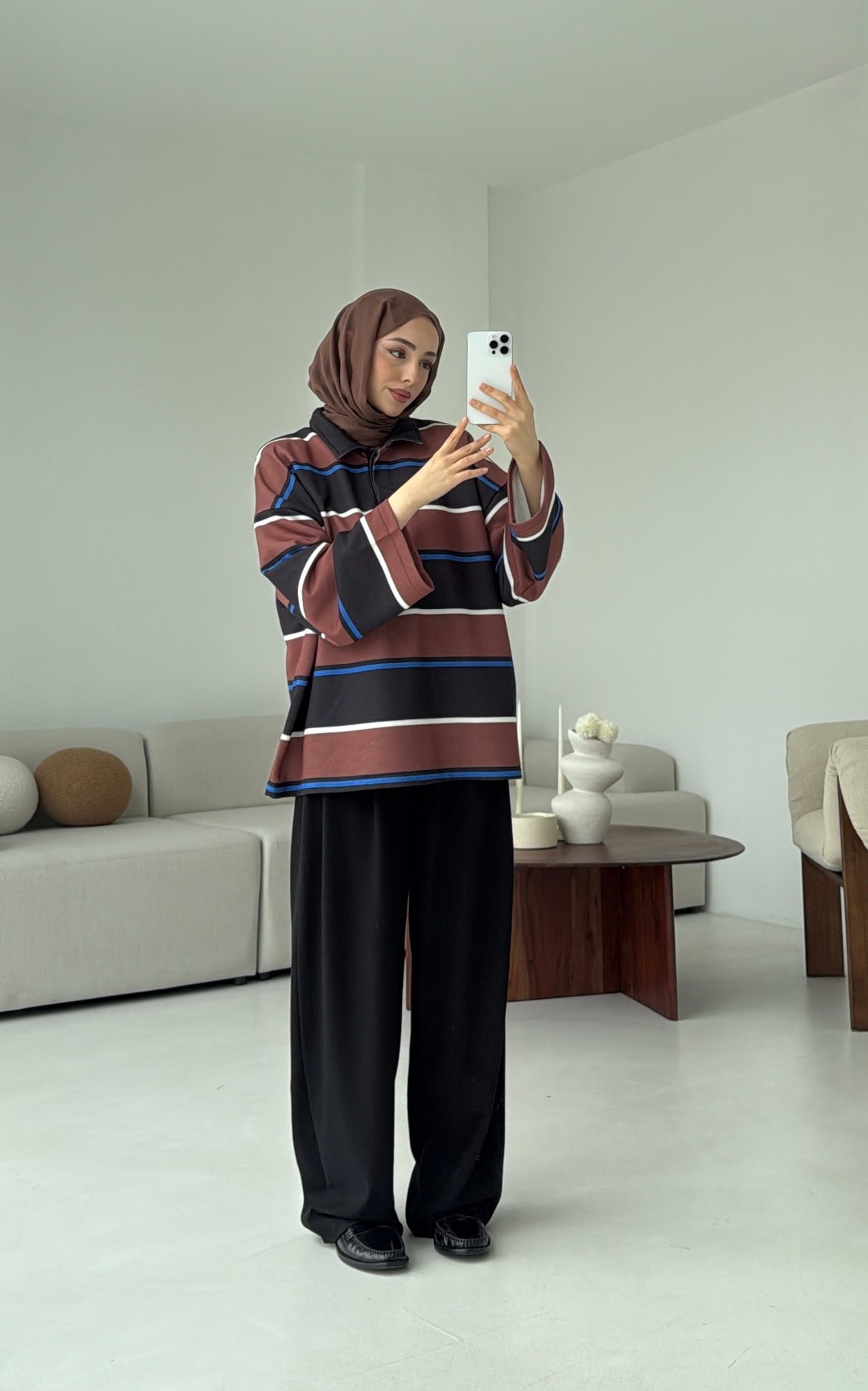 Fleece Polo Yaka Sweatshirt Kahve