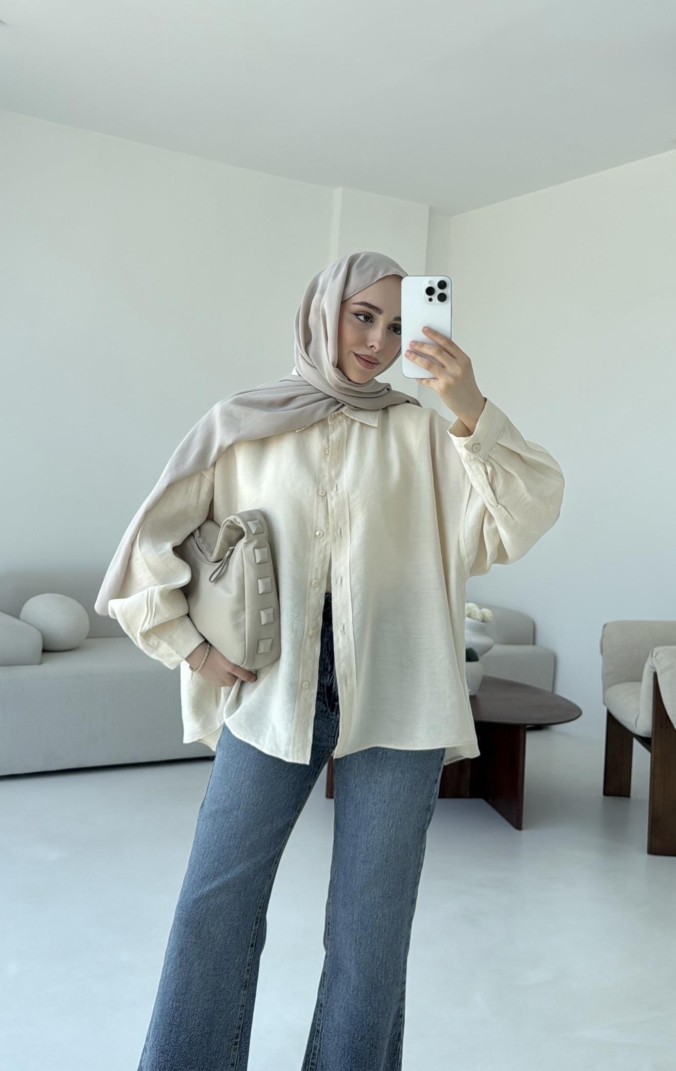 Tencel Pis Dikiş Oversize Krem Gömlek