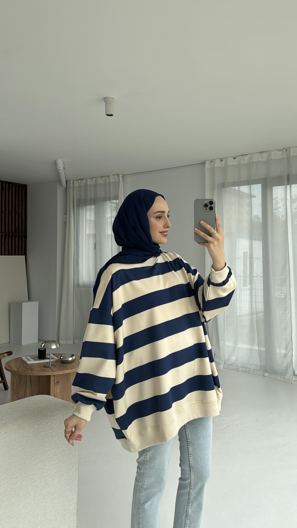 Çizgili Oversize Sweatshirt Lacivert