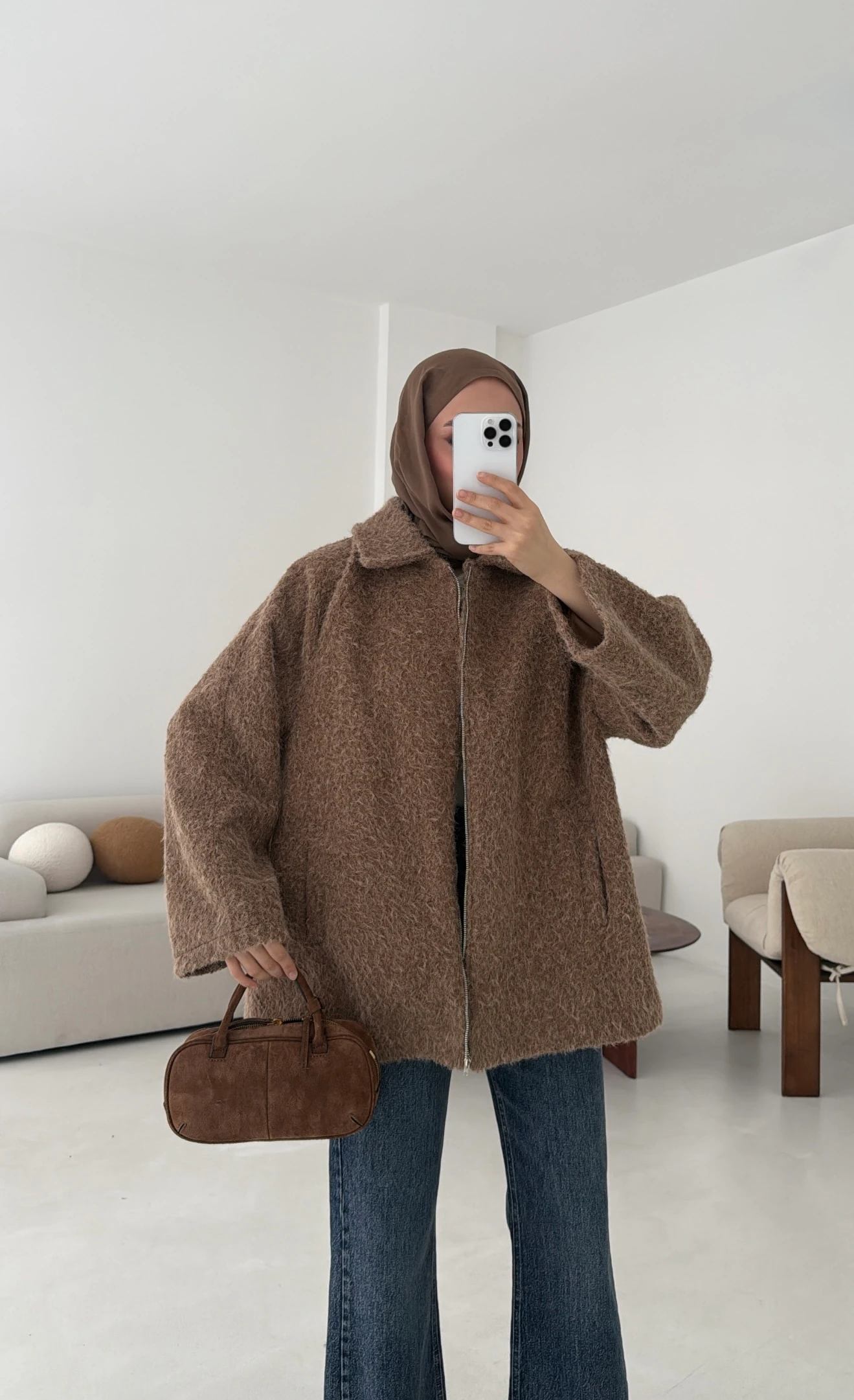 Kırçıllı Fermuarlı Kaban Kahve