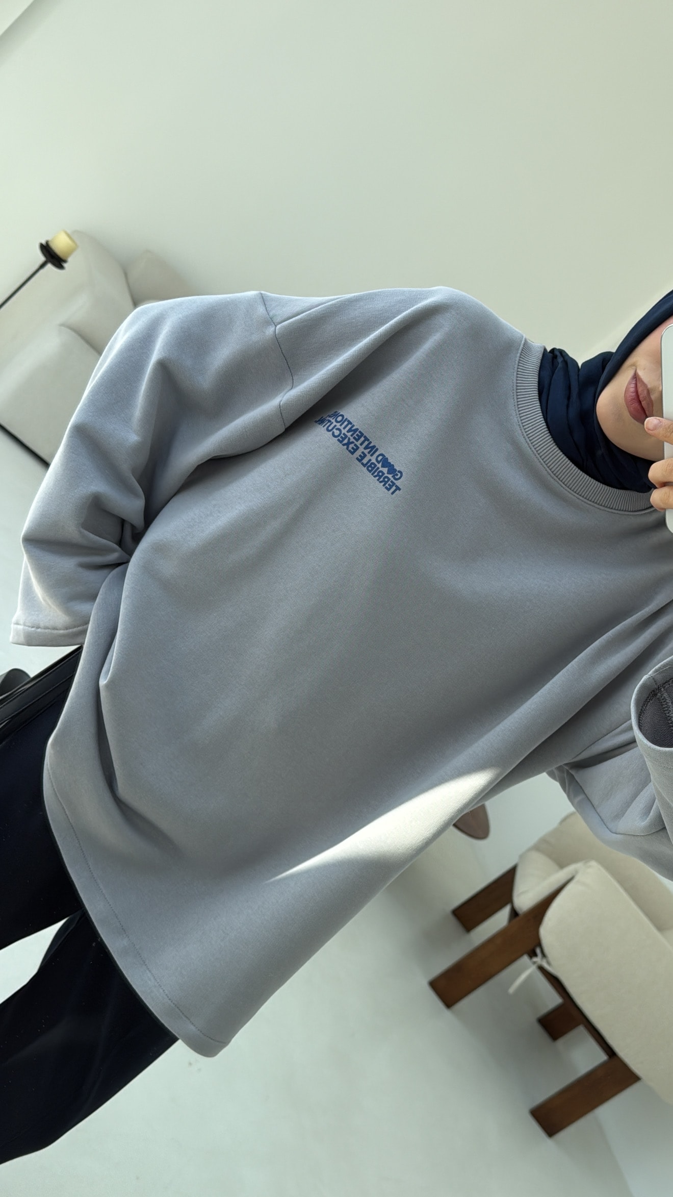 Nakışlı Oversize Sweatshirt Gri