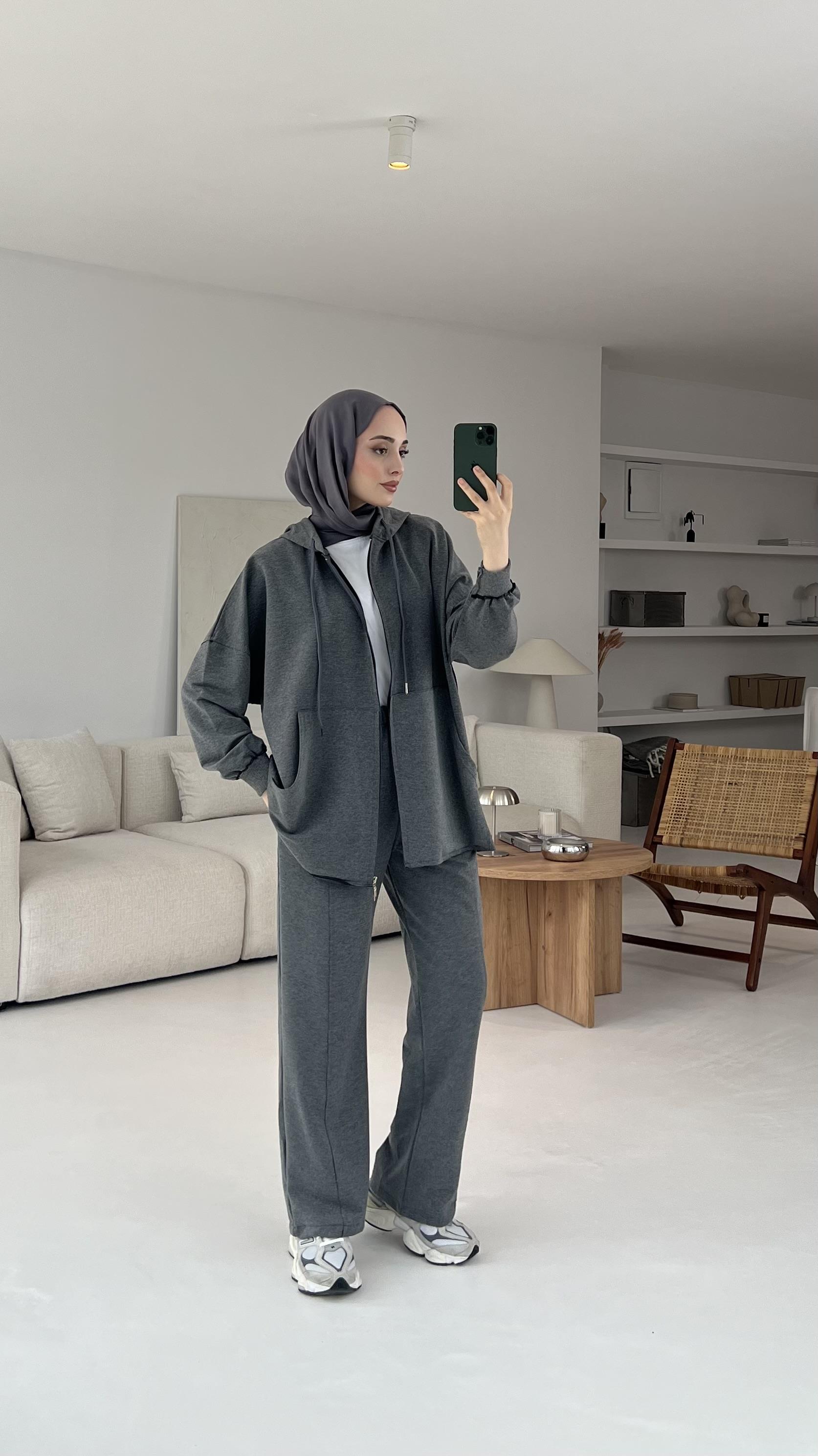 Fermuarlı Dikişsiz Takım Koyu Gri