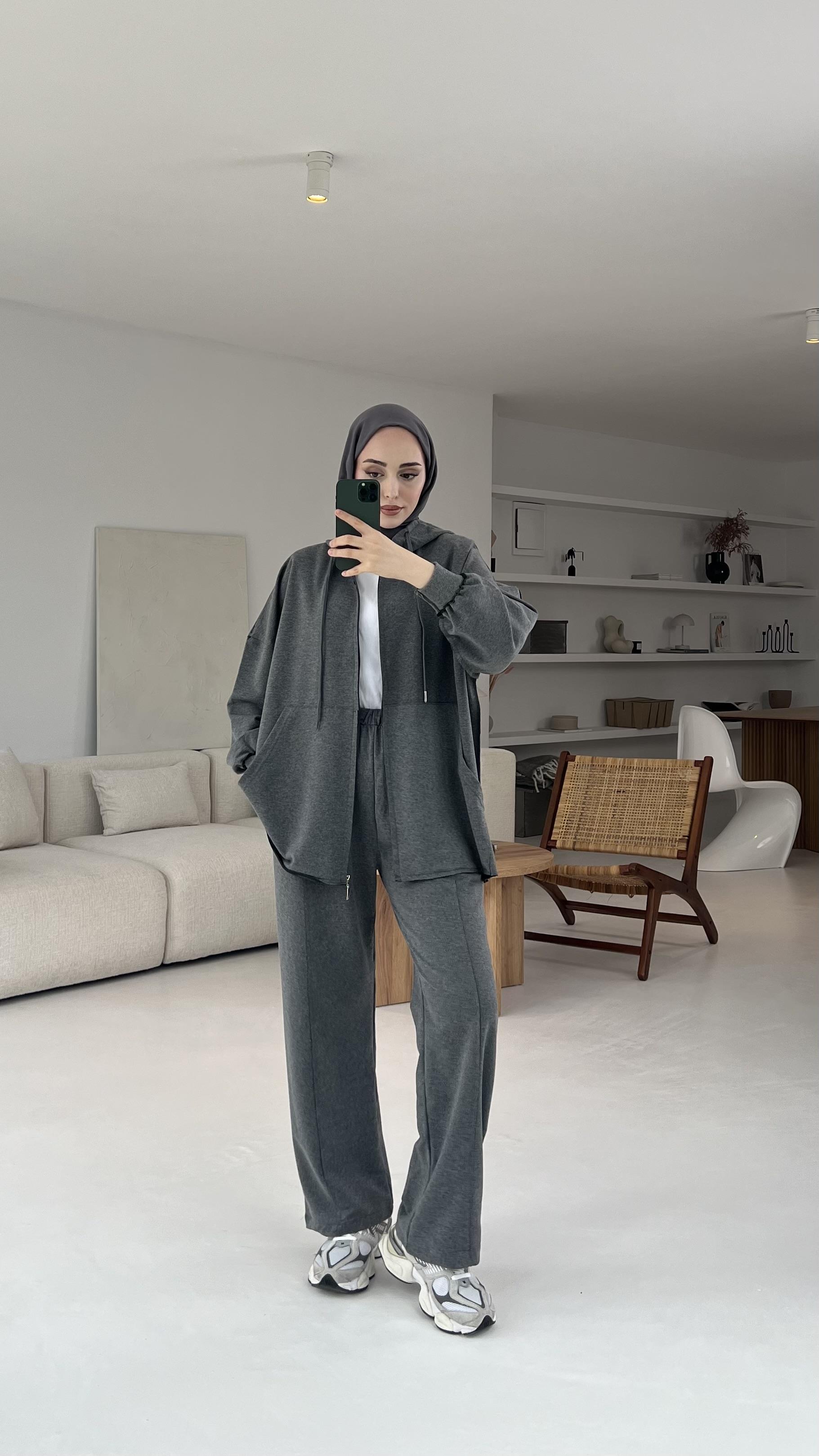 Fermuarlı Dikişsiz Takım Koyu Gri