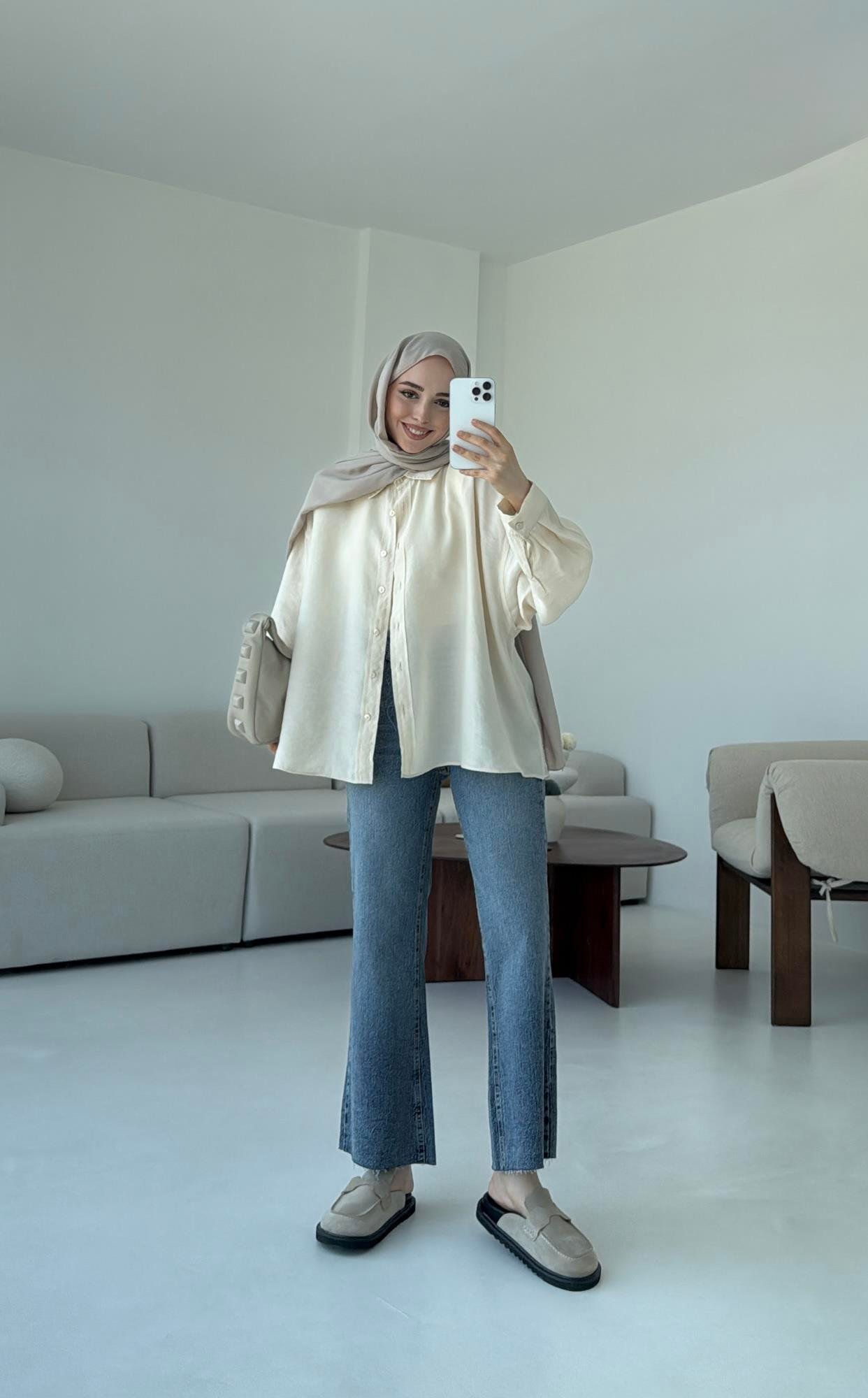 Tencel Pis Dikiş Oversize Krem Gömlek