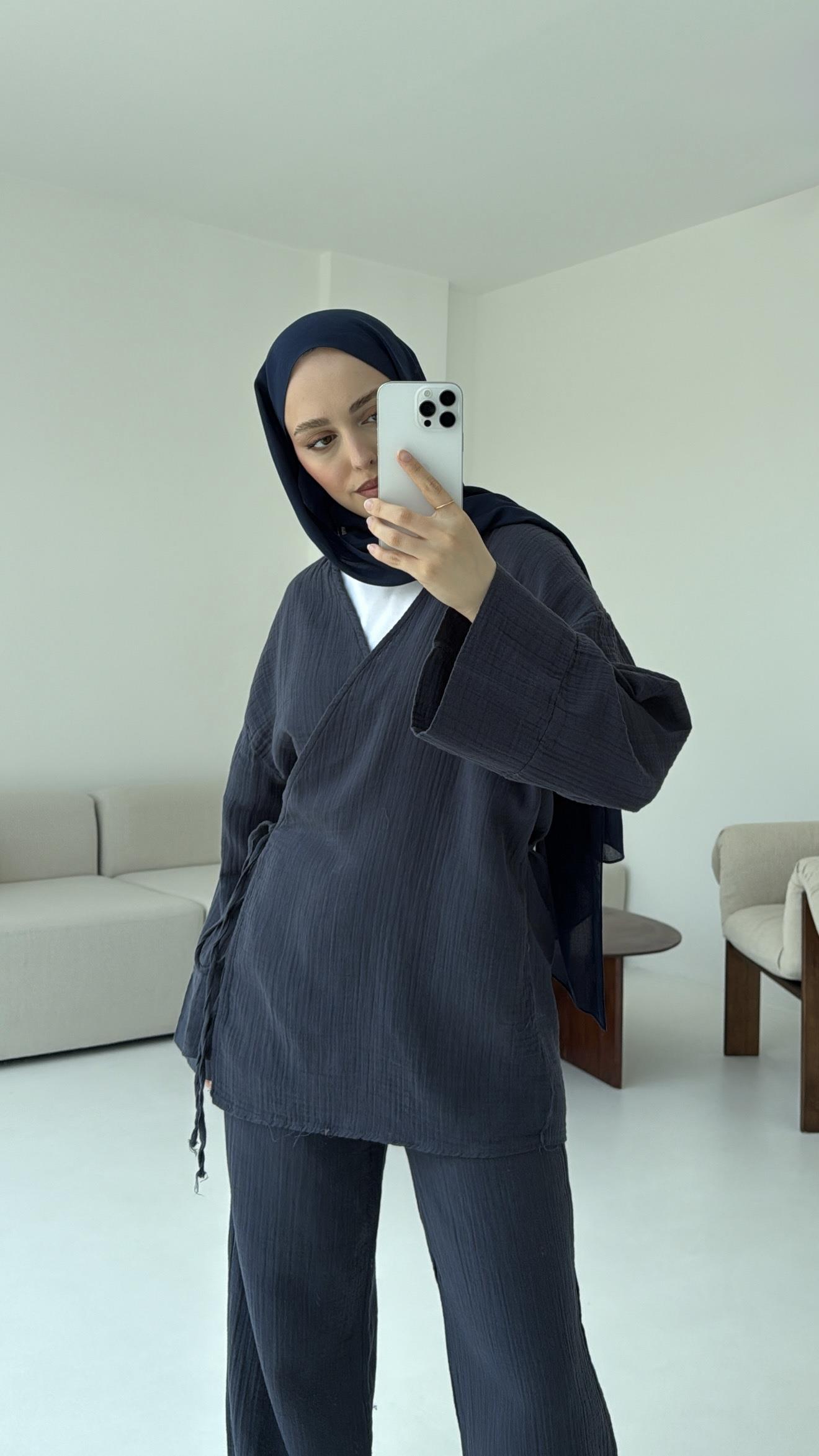 Müslin Yandan Baglamalı Takım Lacivert