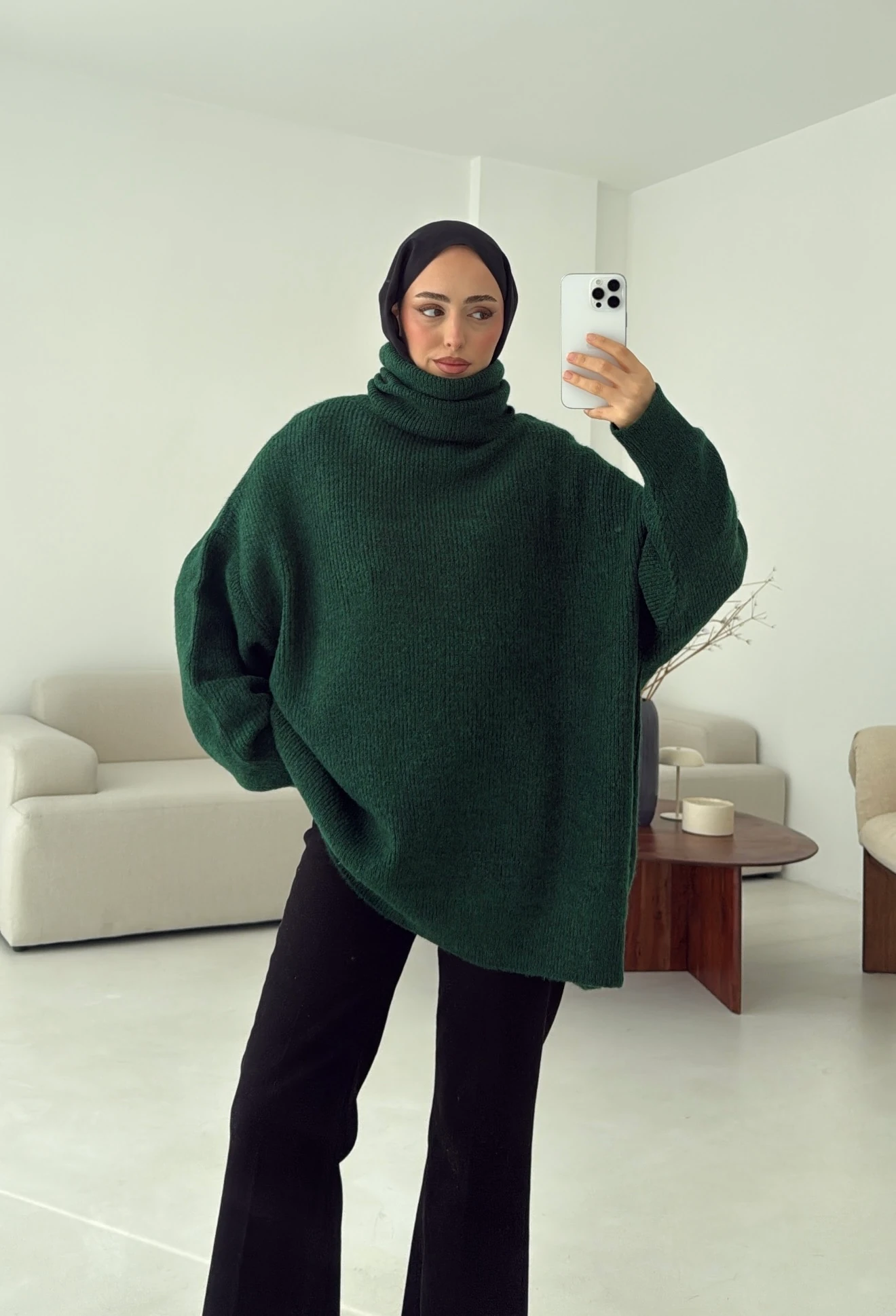 Balıkçı Yaka Oversizse Triko Kazak Yeşil