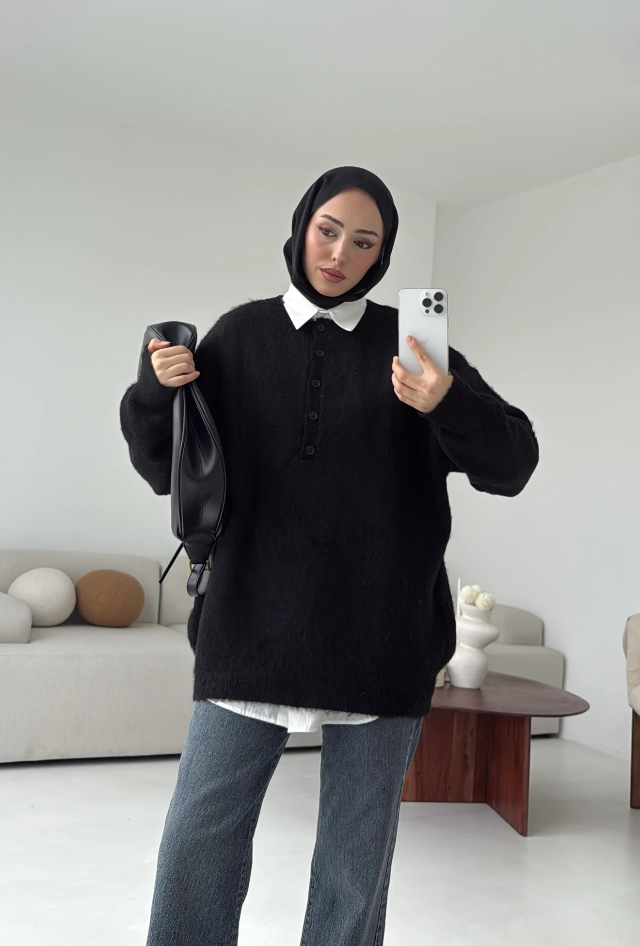 Yarım Dügmeli Triko Kazak Siyah