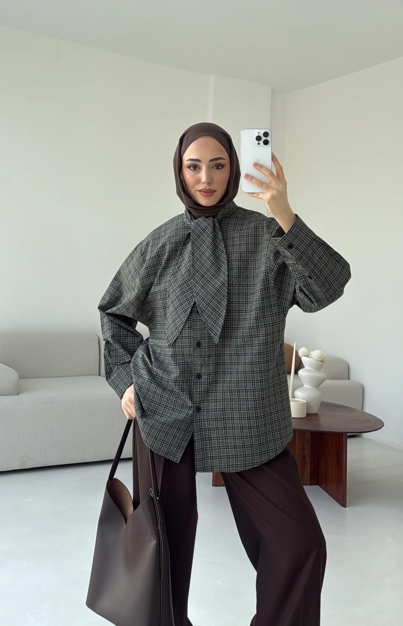 Fular Detay Ekose Gömlek Haki/Kahve