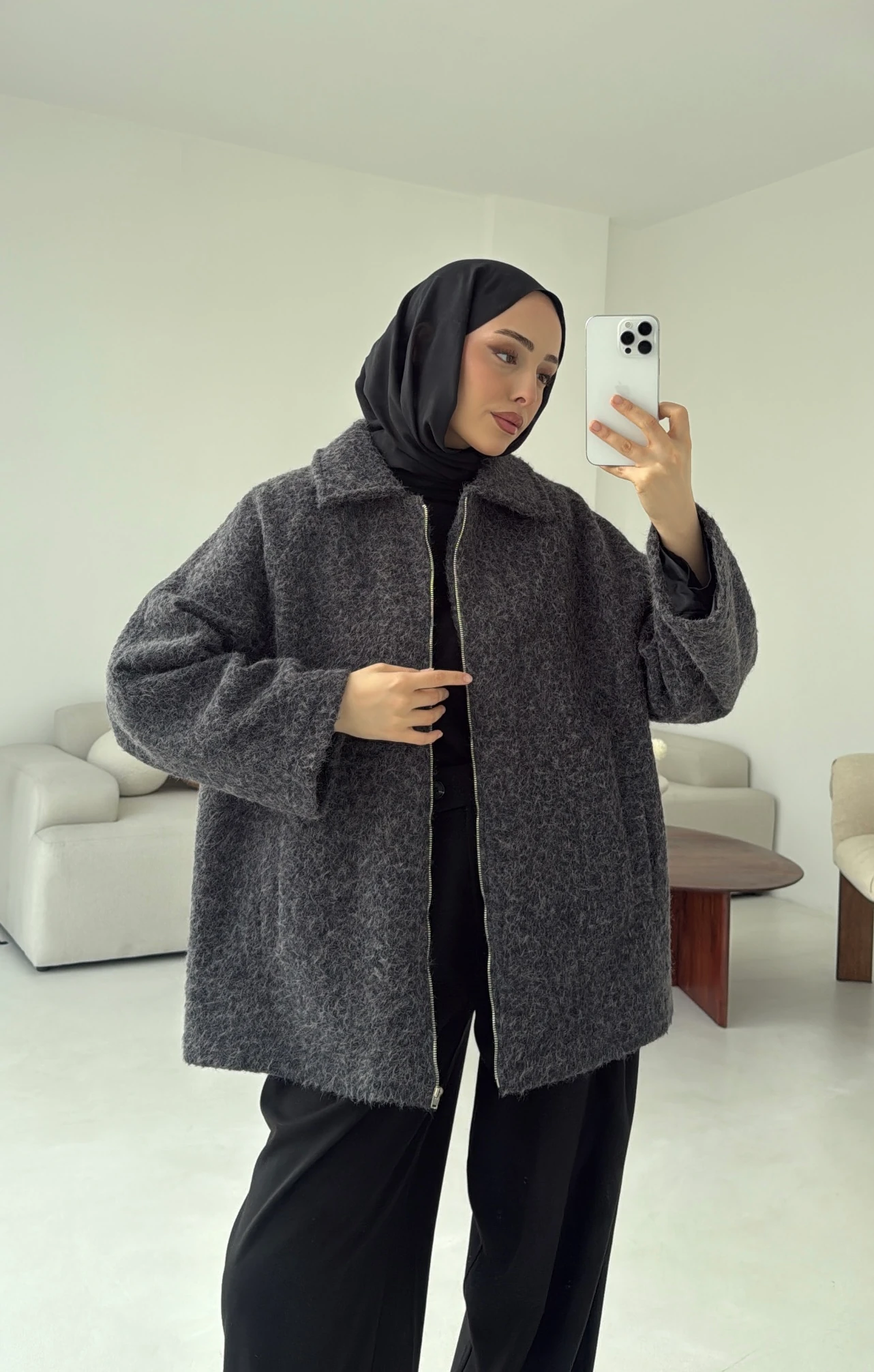 Kırçıllı Fermuarlı Kaban Antrasit