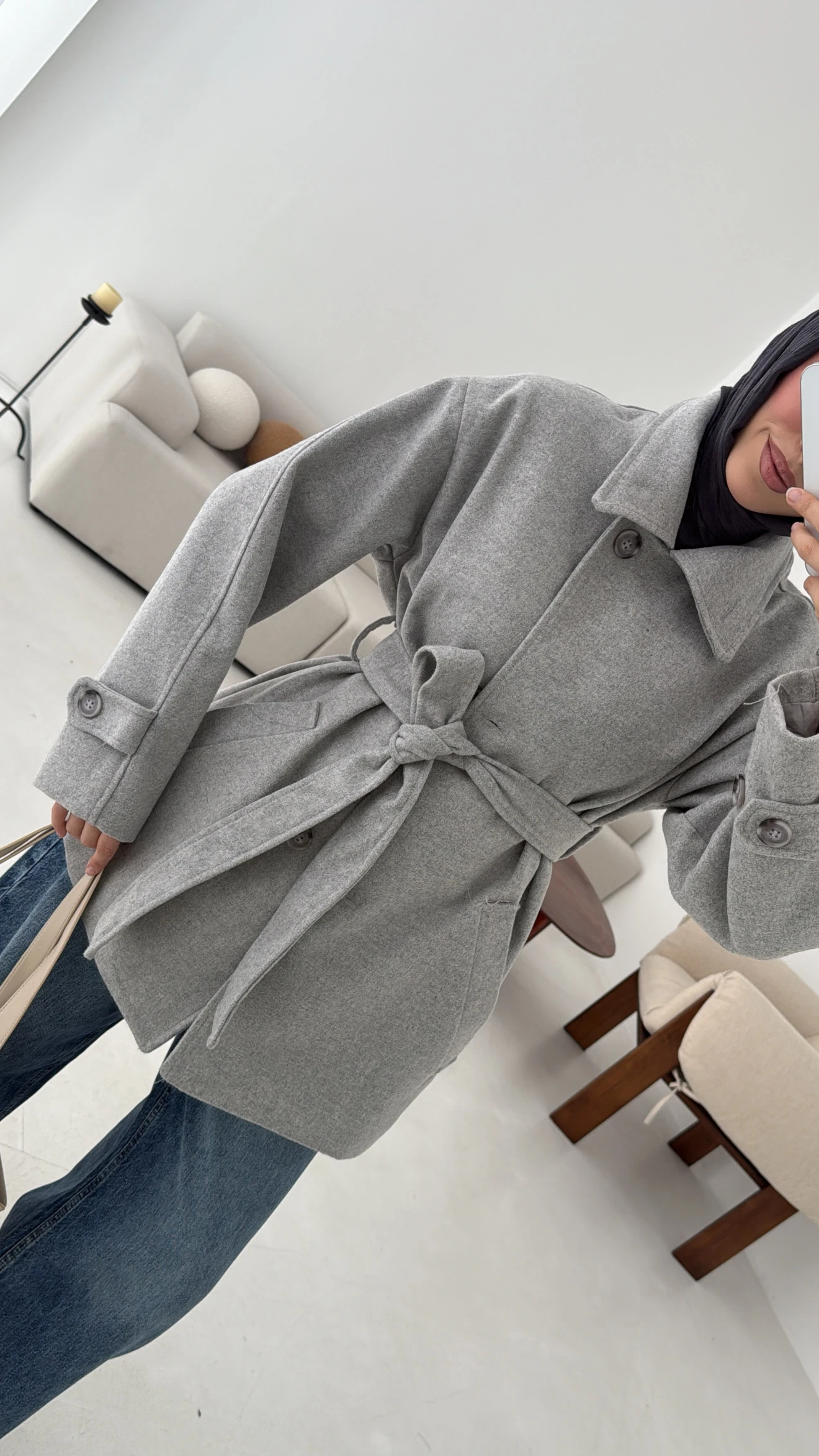 Gri Orta Boy Kaşe Kaban