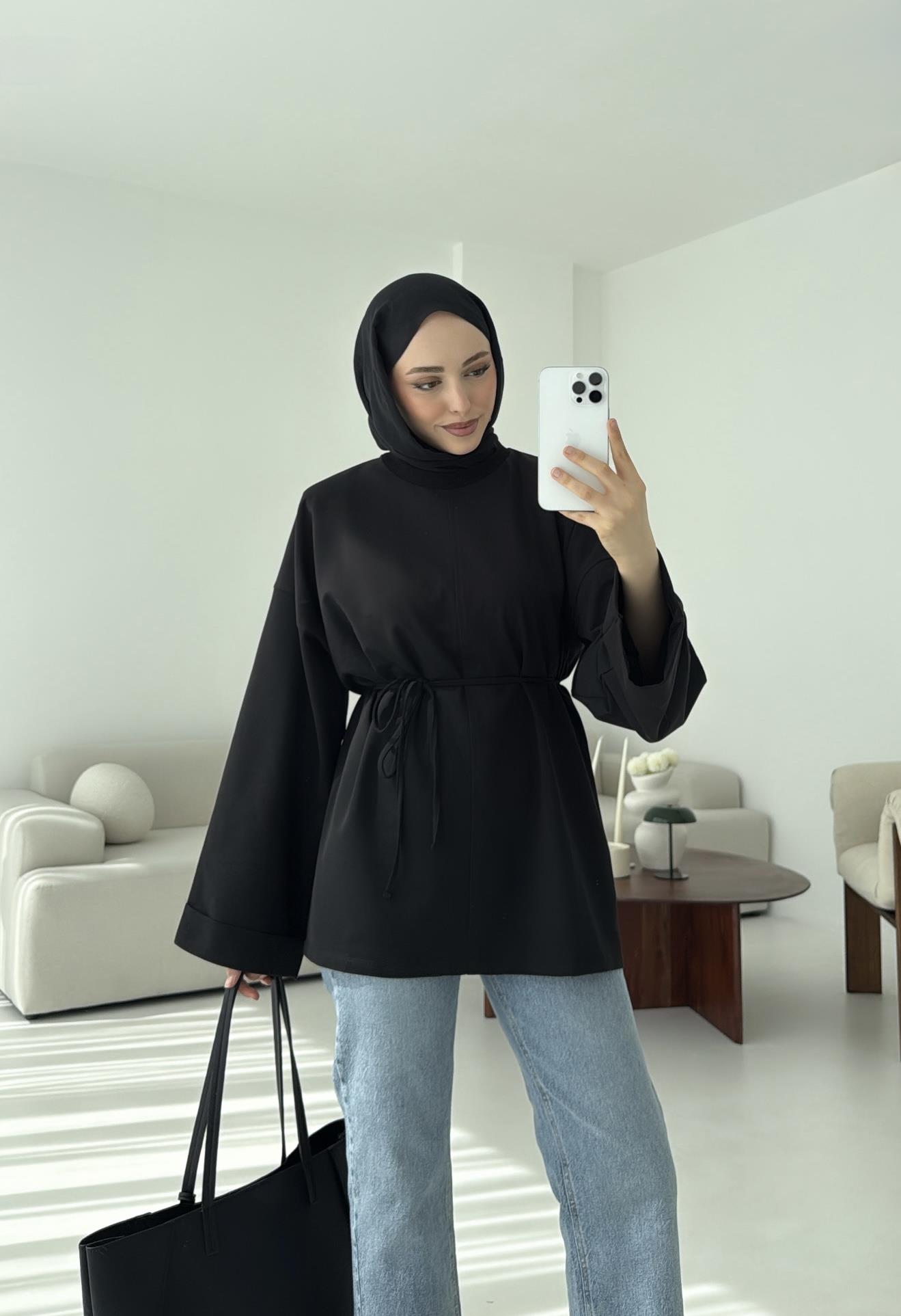 Bağlamalı Yanı Yırtmaç Detay Sweat Siyah