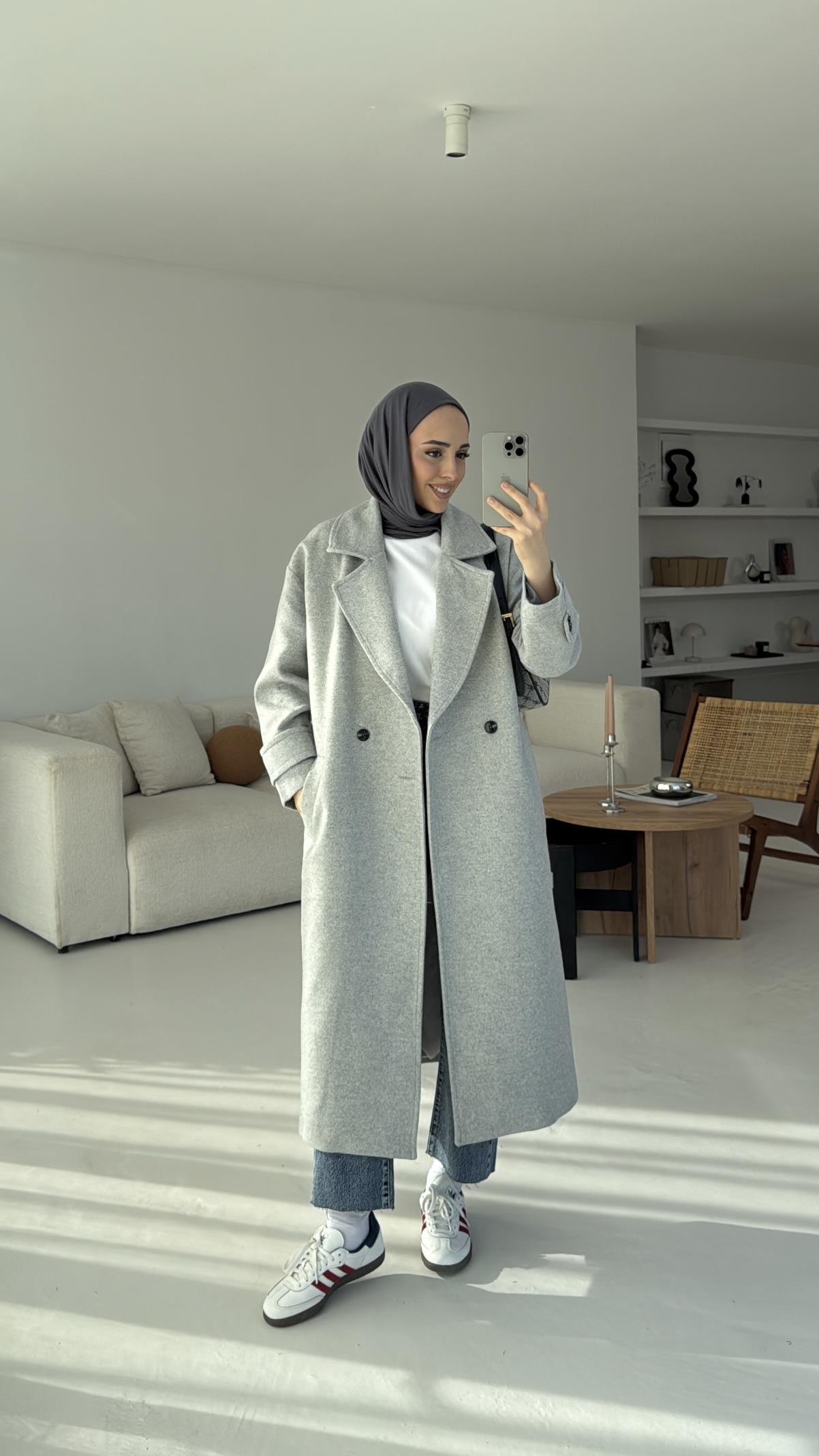 Uzun Gri  Kol  Detaylı Kaşe Kaban
