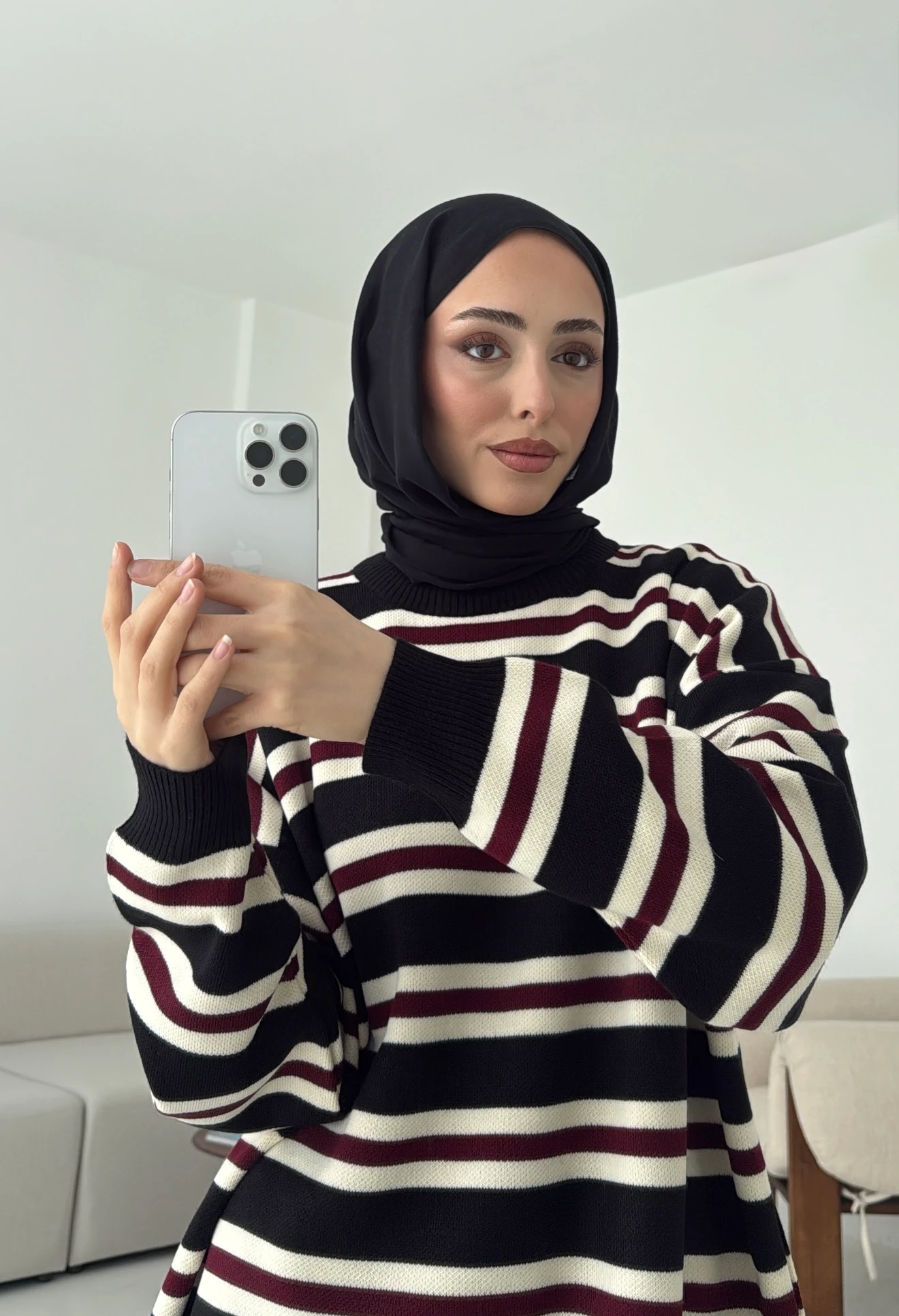 Bisiklet Yaka Çizgili Uzun Triko Kazak Siyah