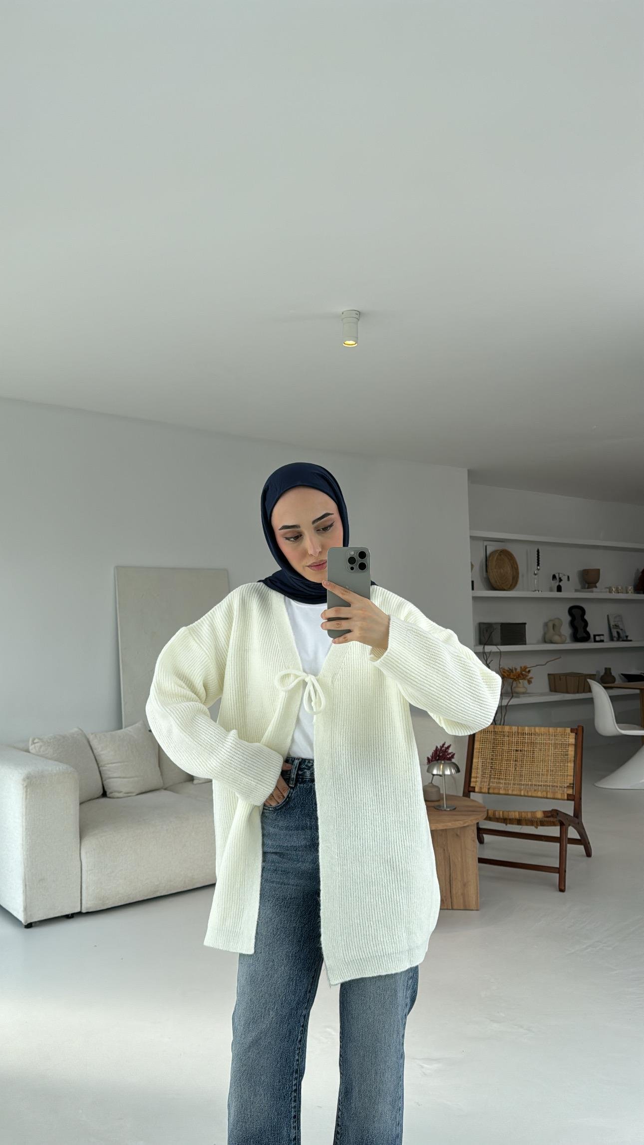 Bağlamalı Triko Hırka Beyaz