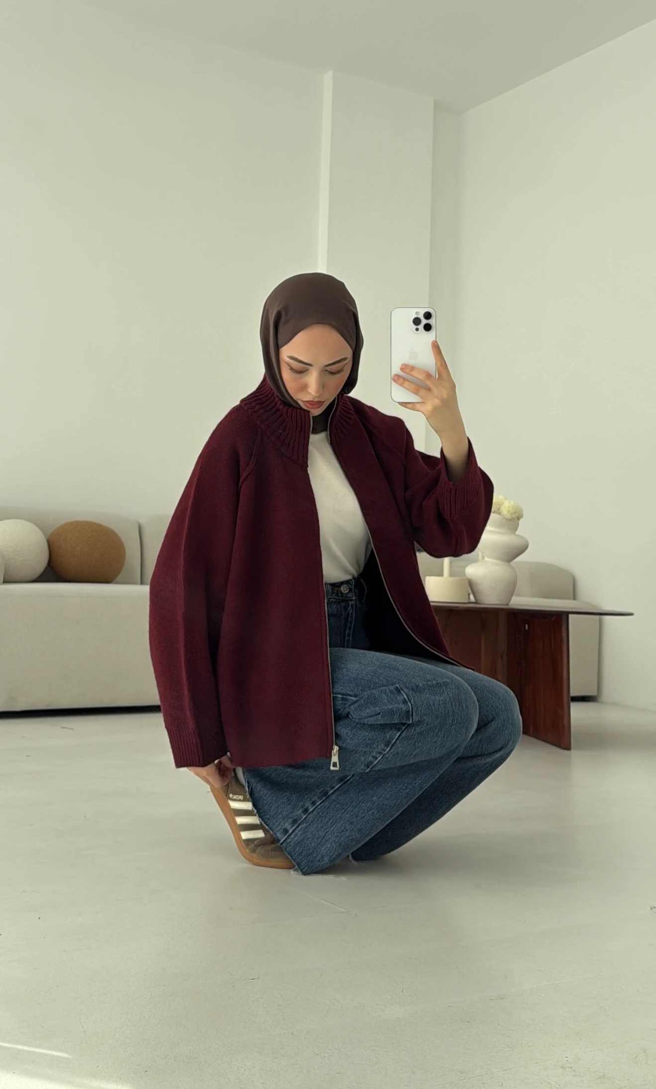 Fermuarlı Şardonlu Hırka Bordo