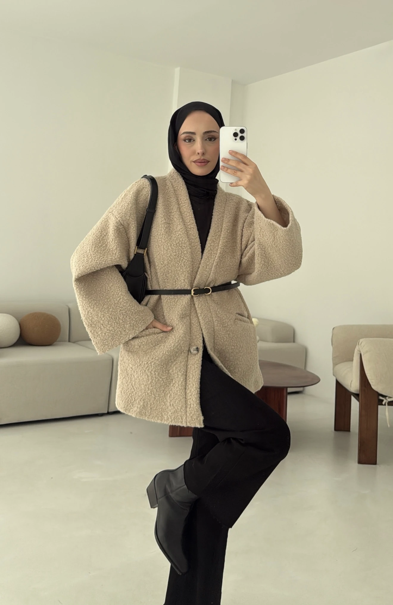 Kemerli Buklet Ceket Bej