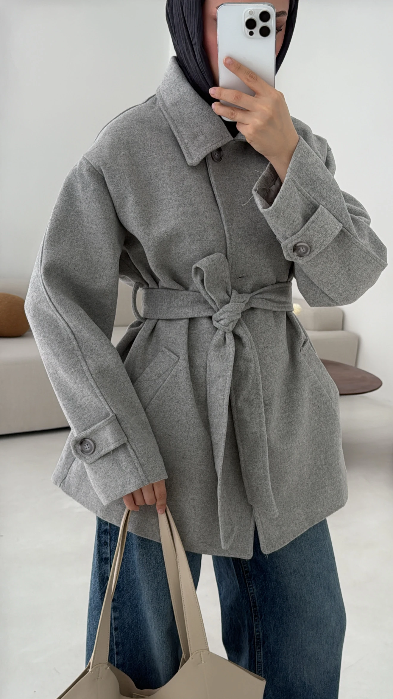 Gri Orta Boy Kaşe Kaban