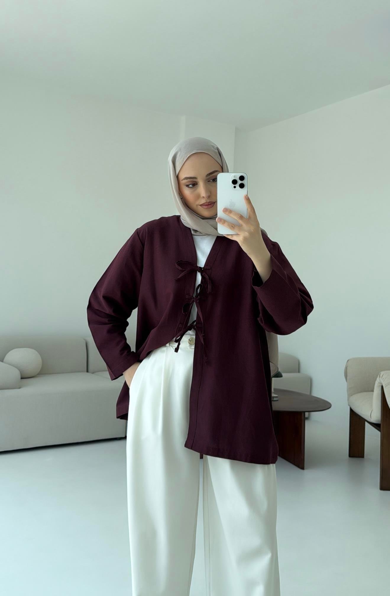 Keten Üç Bağlamalı Kimono Bordo