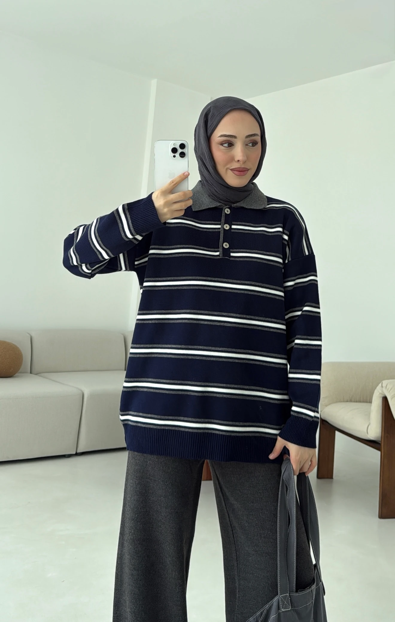 Lacivert Çizgili Polo Yaka Triko Kazak