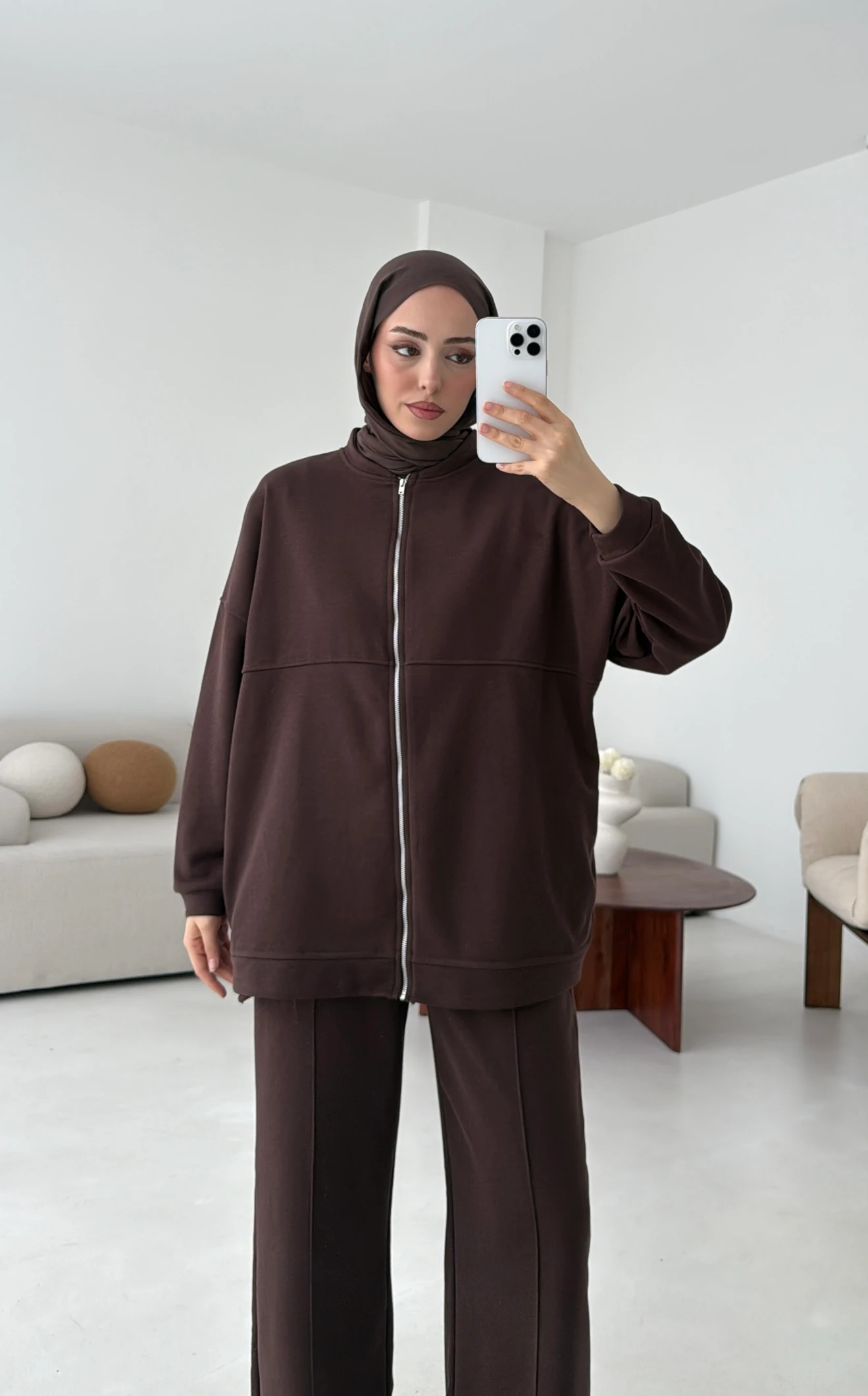 Fermuarlı 3 İplik Takım Kahve