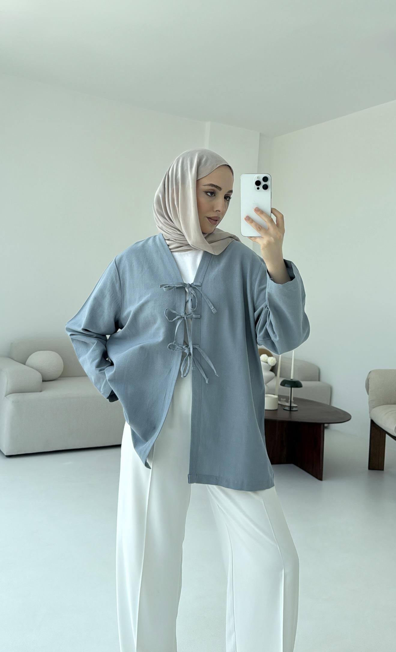 Keten Üç Bağlamalı Kimono Mavi