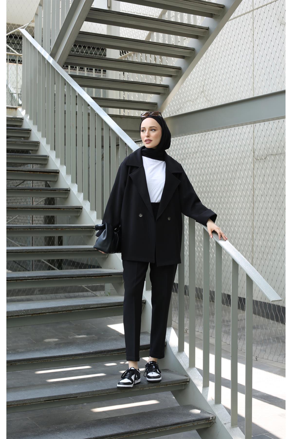 Oversize Yazlık Ceketli Takım Siyah