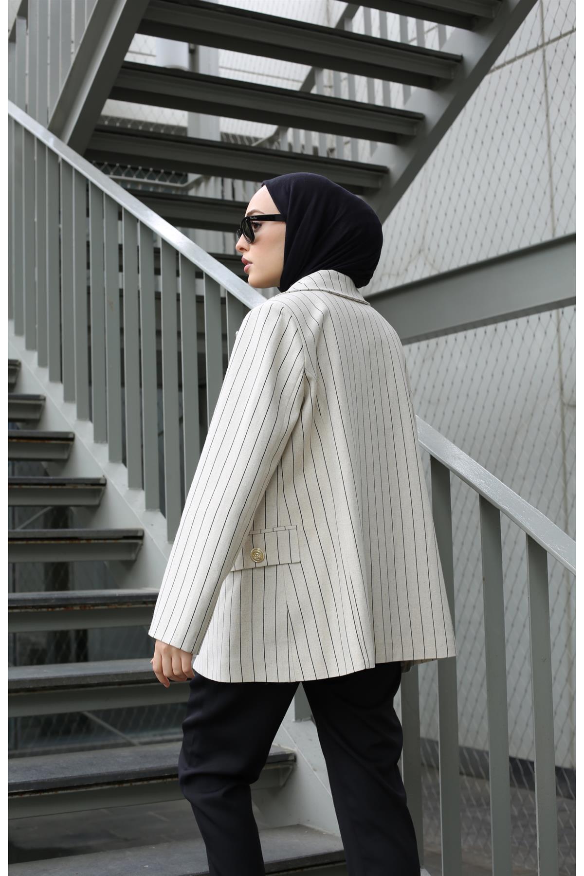 Çizgili Keten Blazer Ceket