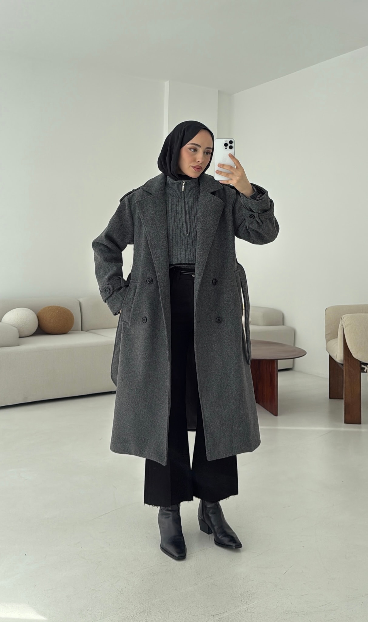 Premium Uzun Kaşe Kaban Antrasit