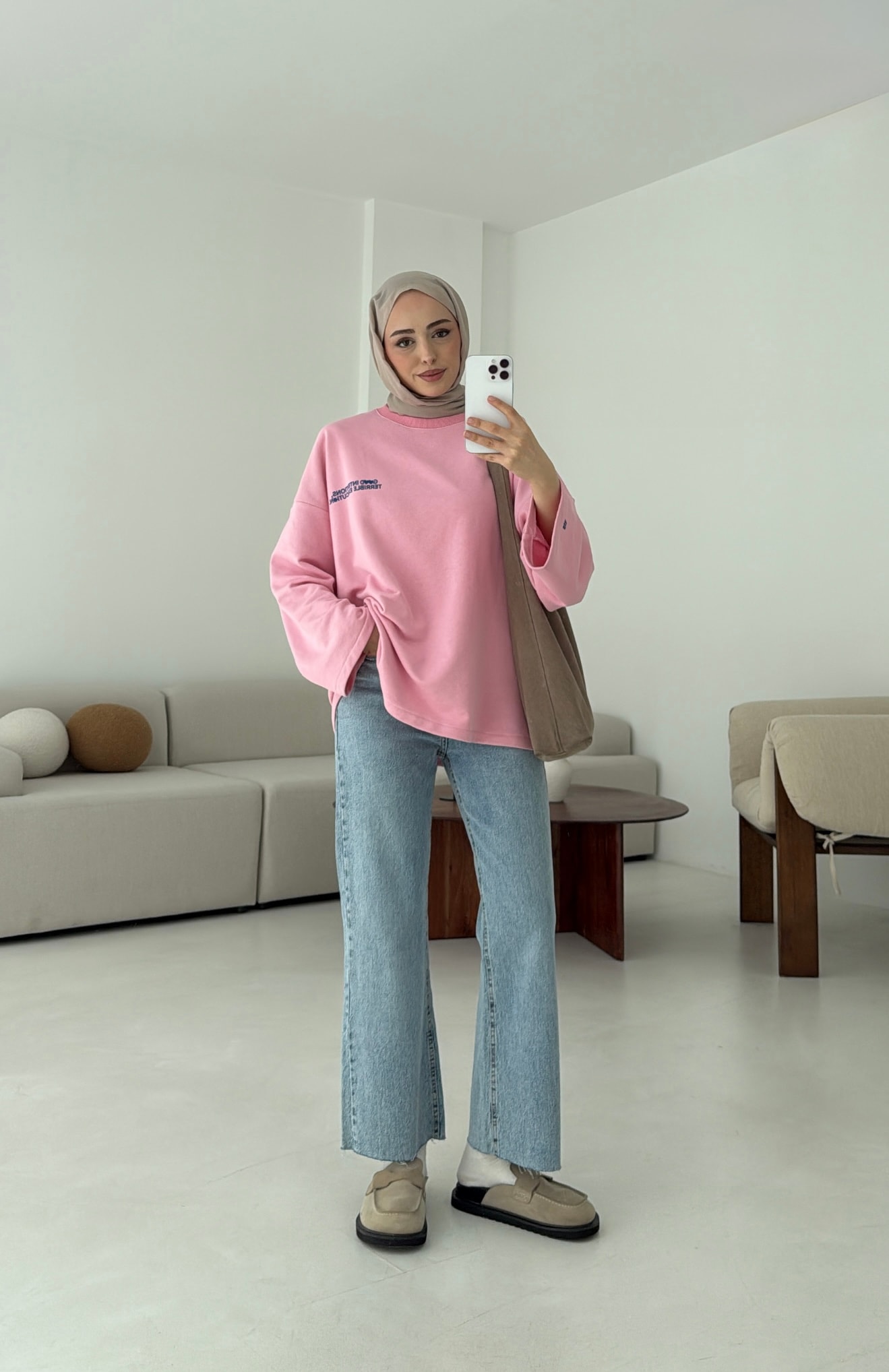 Nakışlı Oversize Sweatshirt Pembe