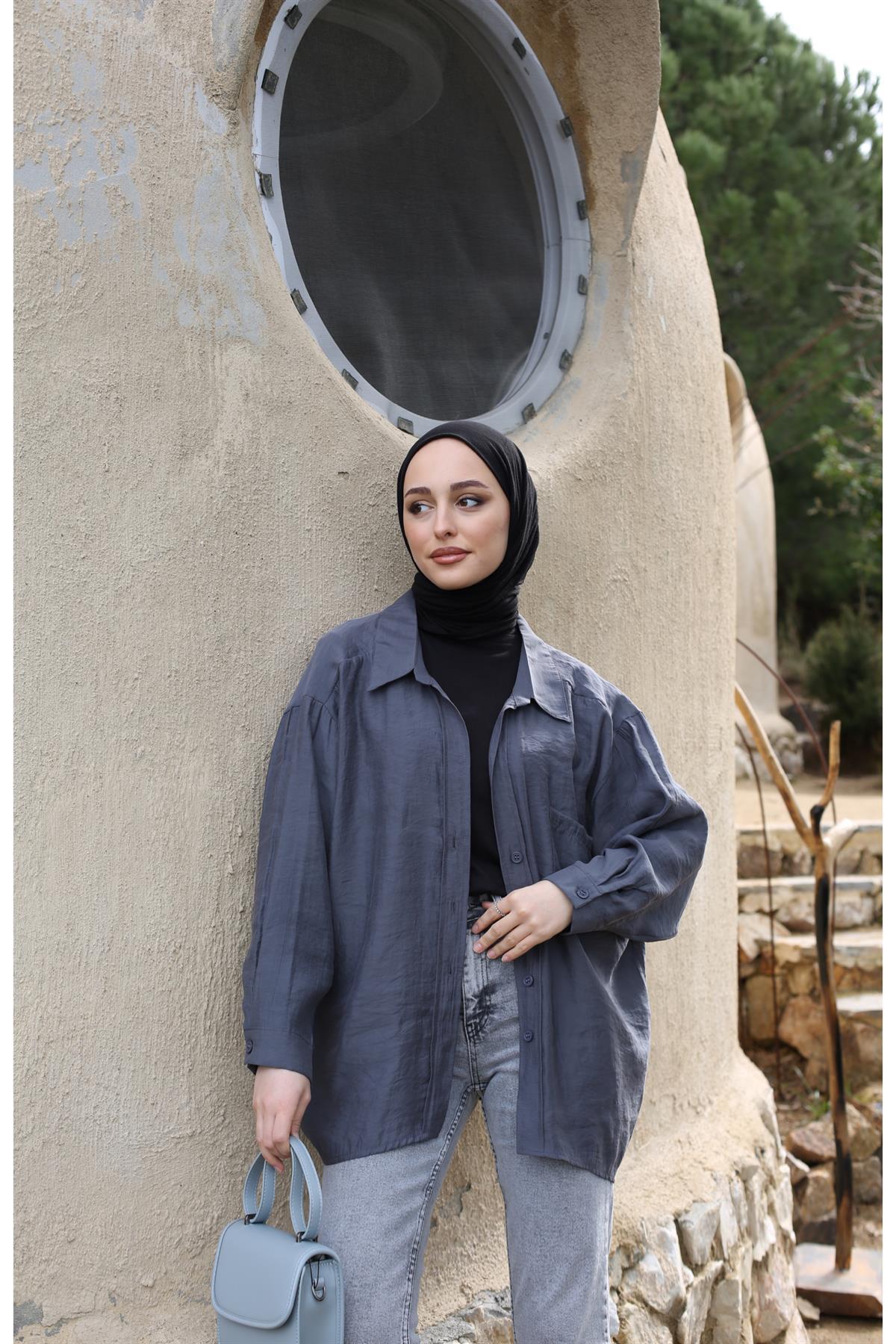 Oversize Pamuk Saten Gömlek Antrasit