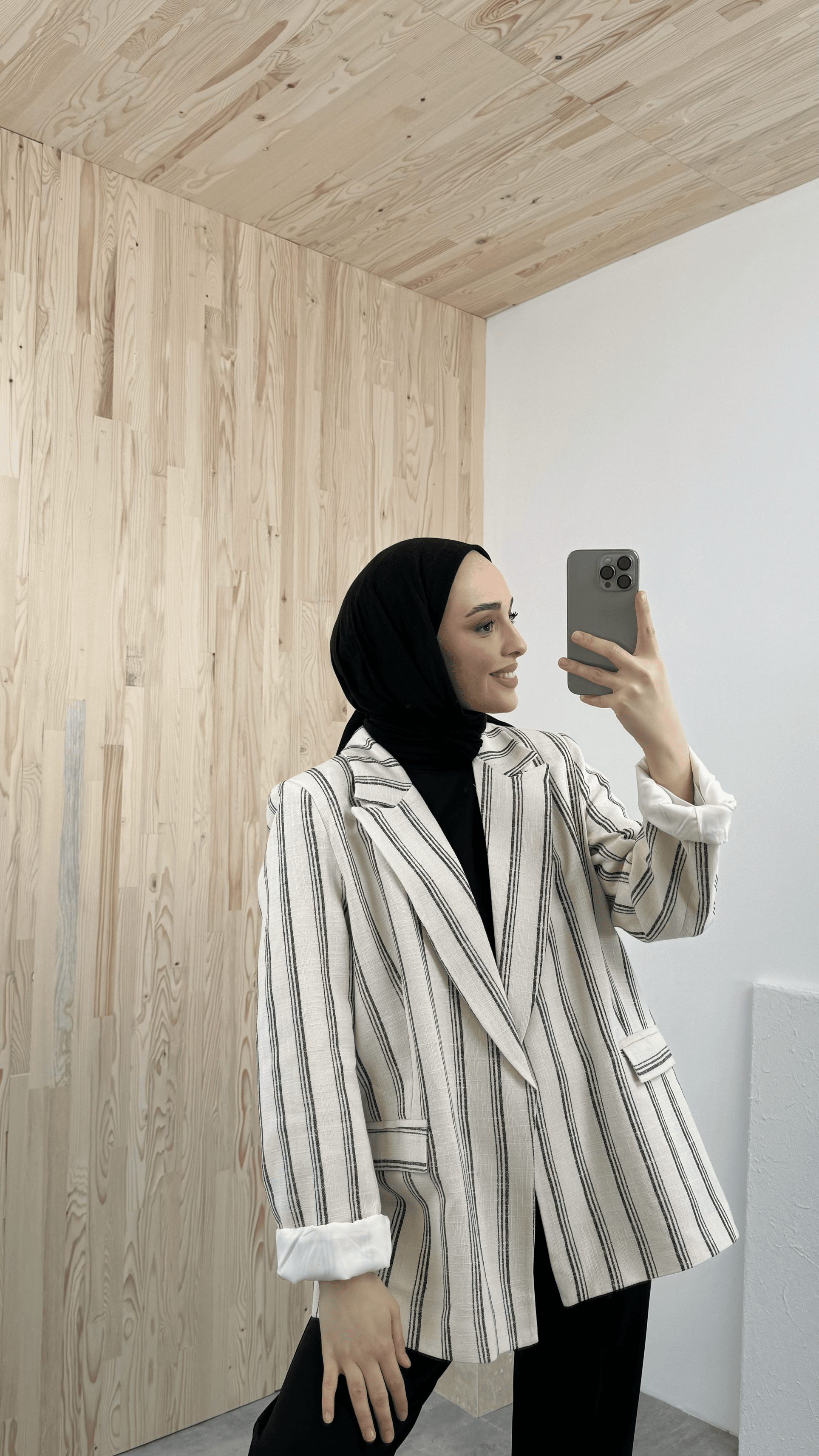 Çizgili Keten Blazer Ceket Siyah