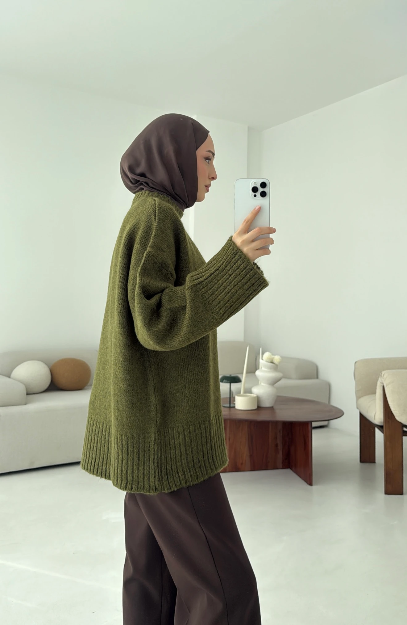 Çift Kat Triko Kazak Zeytin Yeşili