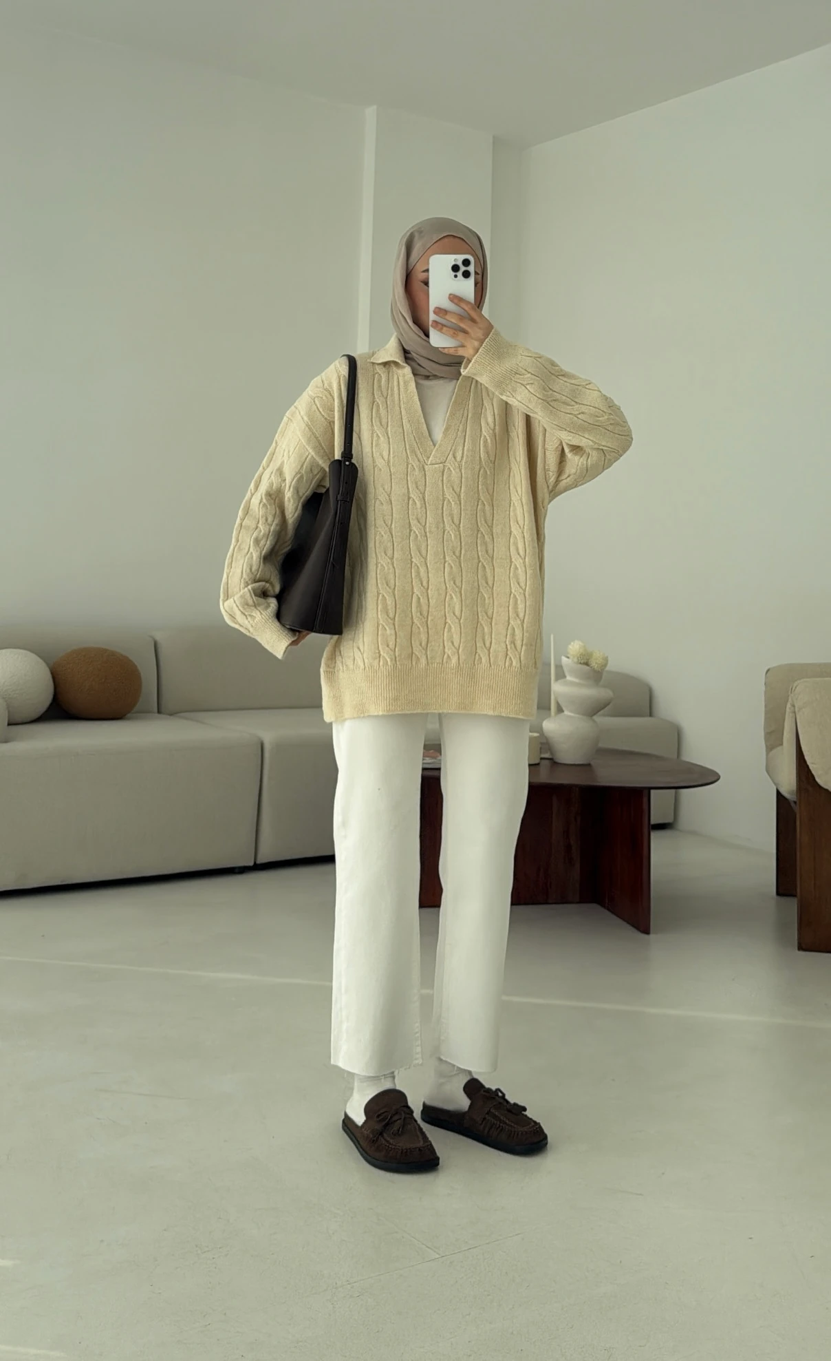 Polo Yaka Örgü Kazak Krem